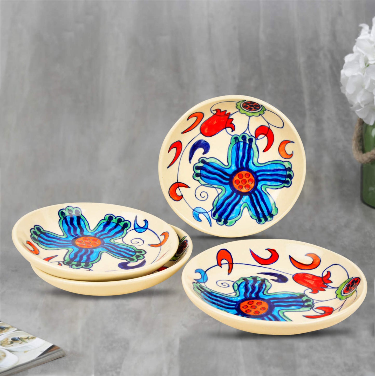 Handpainted Ceramic Floral Round Pasta Serving Plates (Set of 4, 8.5 inches , Off White & Multicolor)