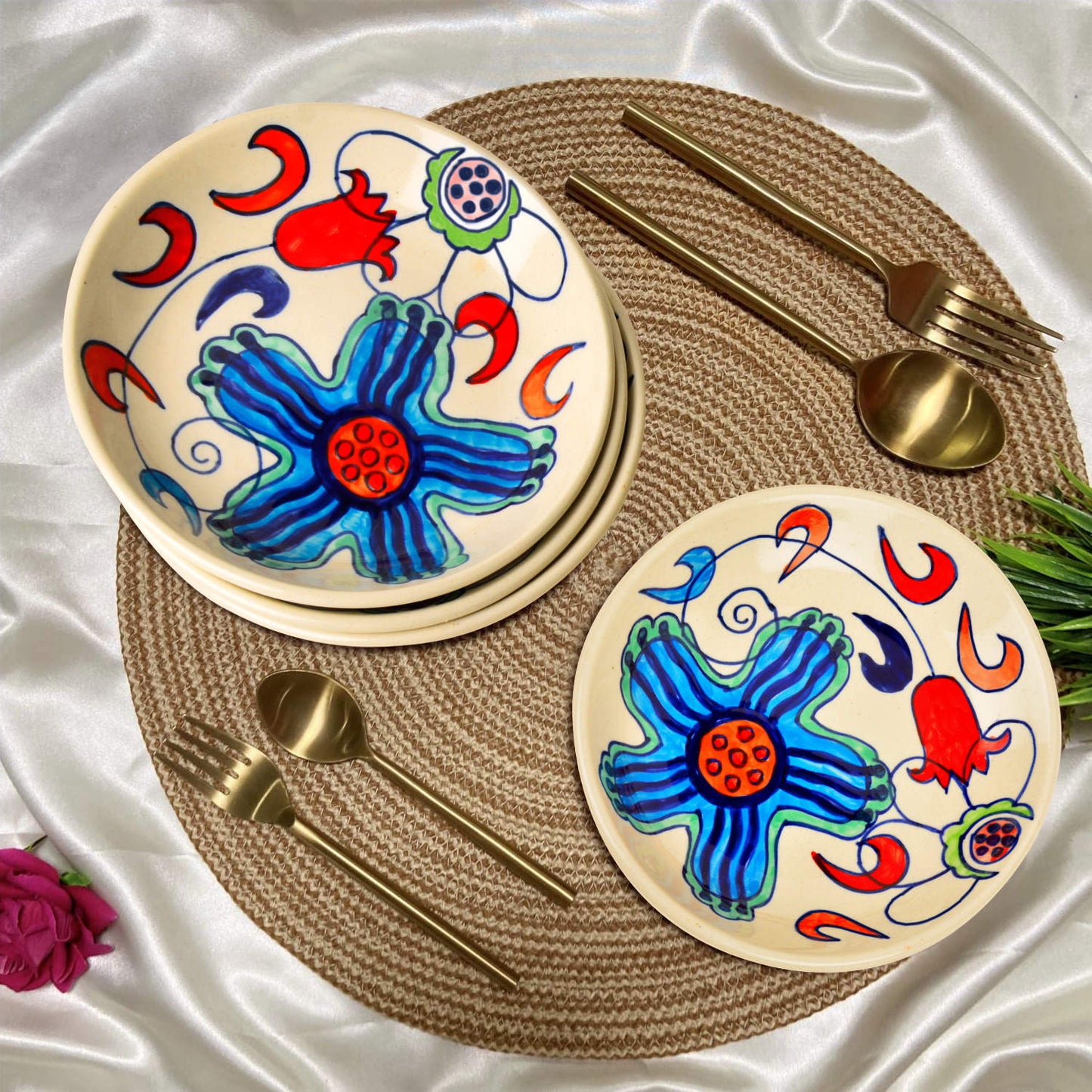 Handpainted Ceramic Floral Round Pasta Serving Plates (Set of 4, 8.5 inches , Off White & Multicolor) - View 3