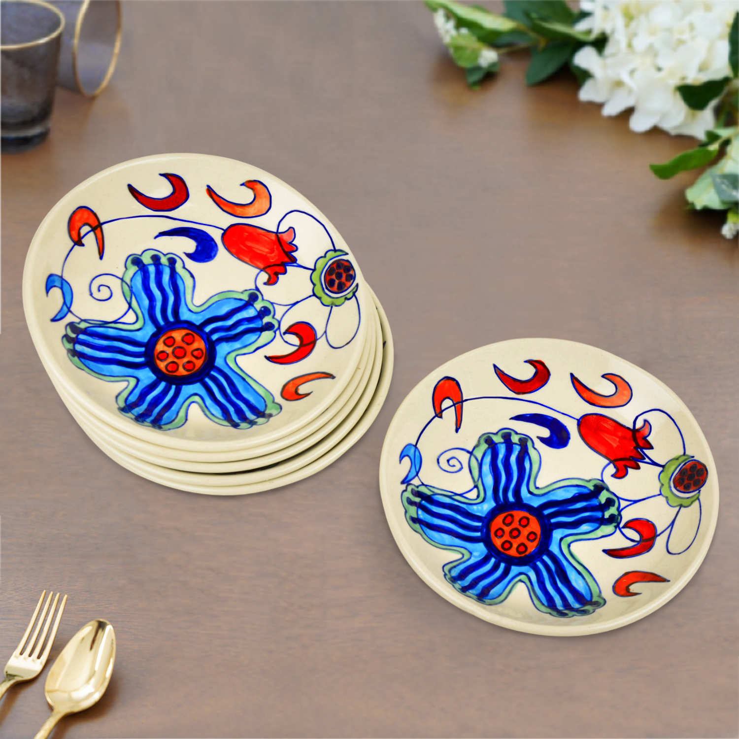 Handpainted Ceramic Floral Round Pasta Serving Plates (Set of 6, 8.5 inches , Off White & Multicolor)