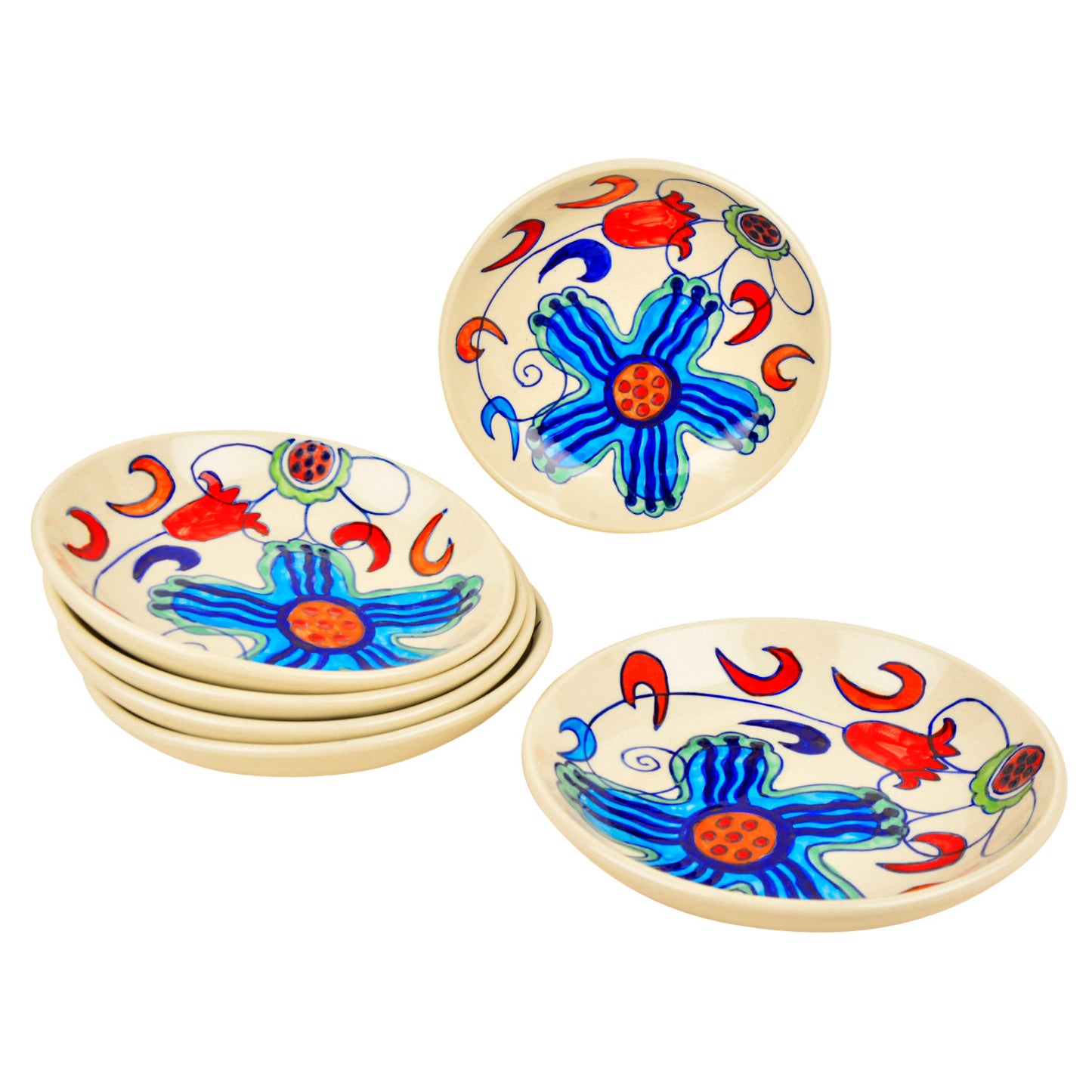 Handpainted Ceramic Floral Round Pasta Serving Plates (Set of 6, 8.5 inches , Off White & Multicolor) - View 3