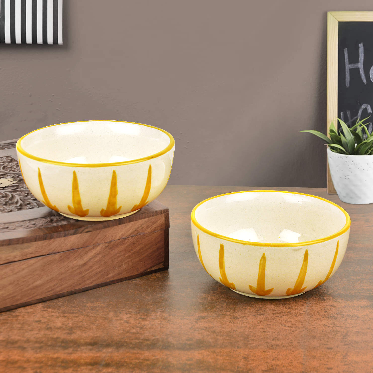 “The Lucid Yellow Collection” Ceramic Floral Serving Bowls (Set of 2, Yellow and Off White , Diameter – 5.5 inches)