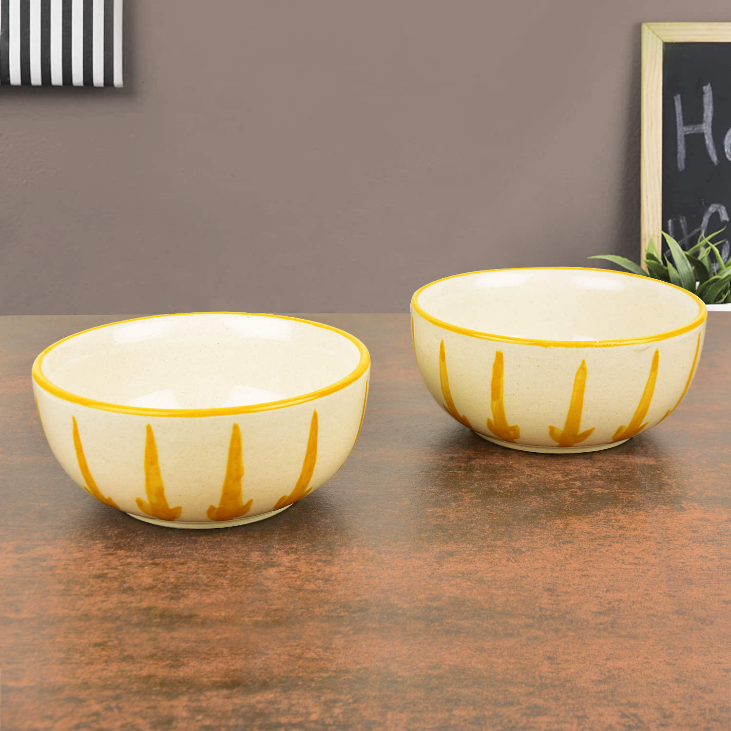 “The Lucid Yellow Collection” Ceramic Floral Serving Bowls (Set of 2, Yellow and Off White , Diameter – 5.5 inches) - View 3