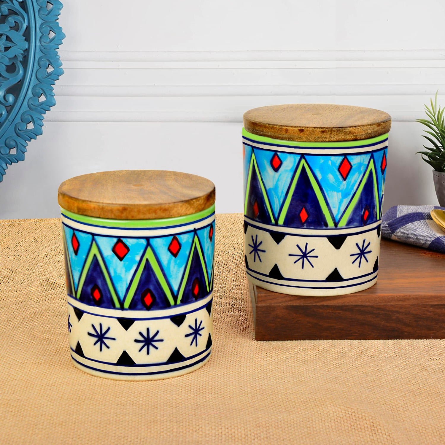 Handpainted Multi Utility Storage Ceramic Airtight Jar with Sheesham Wooden Lid (Set of 2, 300 ml each, Multicolor)