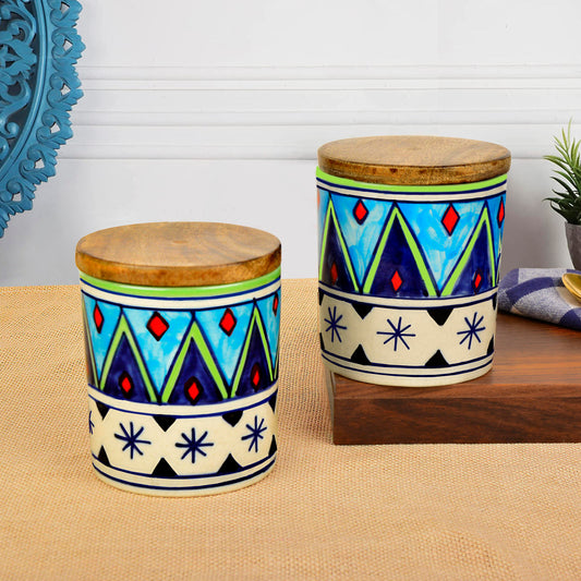 Handpainted Multi Utility Storage Ceramic Airtight Jar with Sheesham Wooden Lid (Set of 2, 300 ml each, Multicolor)