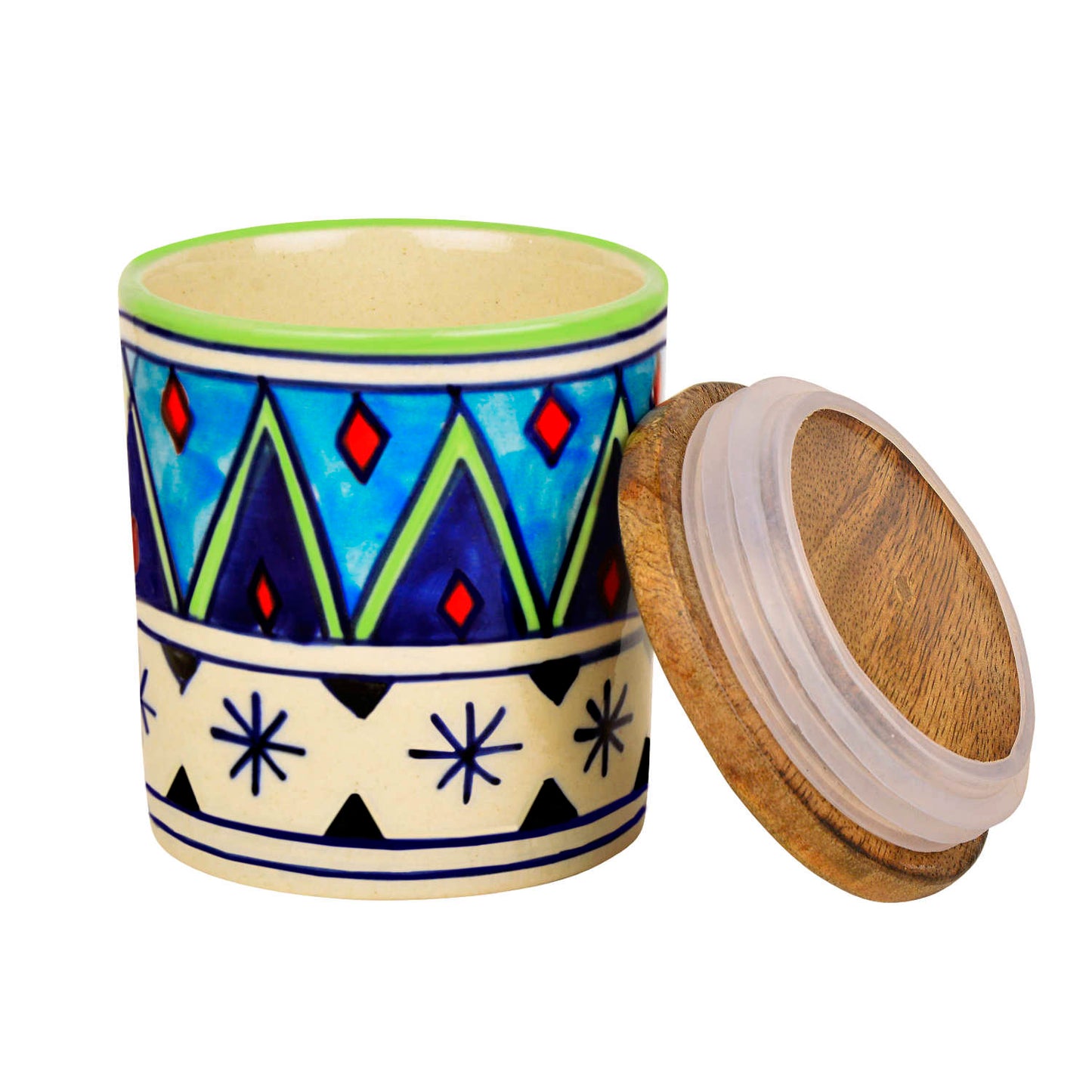 Handpainted Multi Utility Storage Ceramic Airtight Jar with Sheesham Wooden Lid (Set of 2, 300 ml each, Multicolor) - View 3