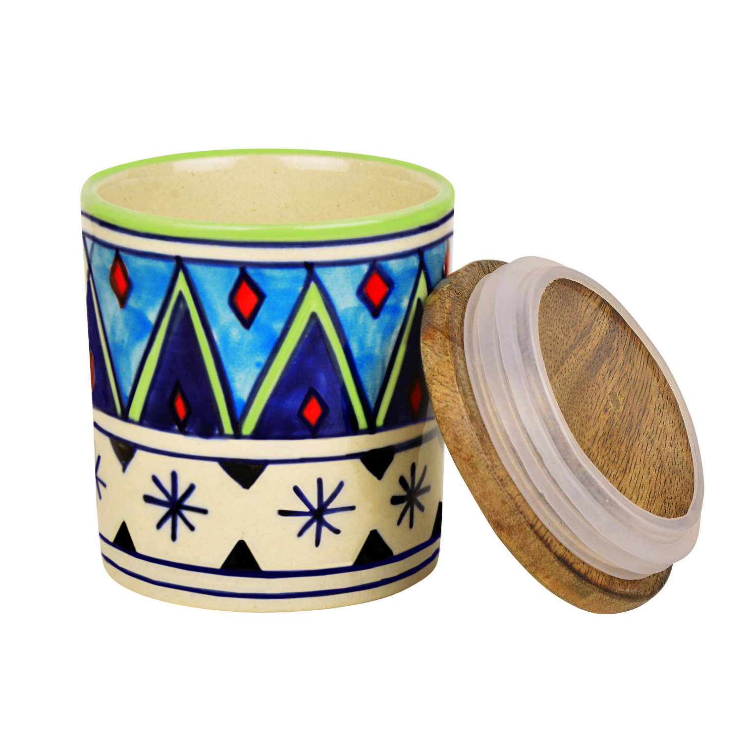 Handpainted Multi Utility Storage Ceramic Airtight Jar with Sheesham Wooden Lid (Set of 2, 300 ml each, Multicolor) - View 3