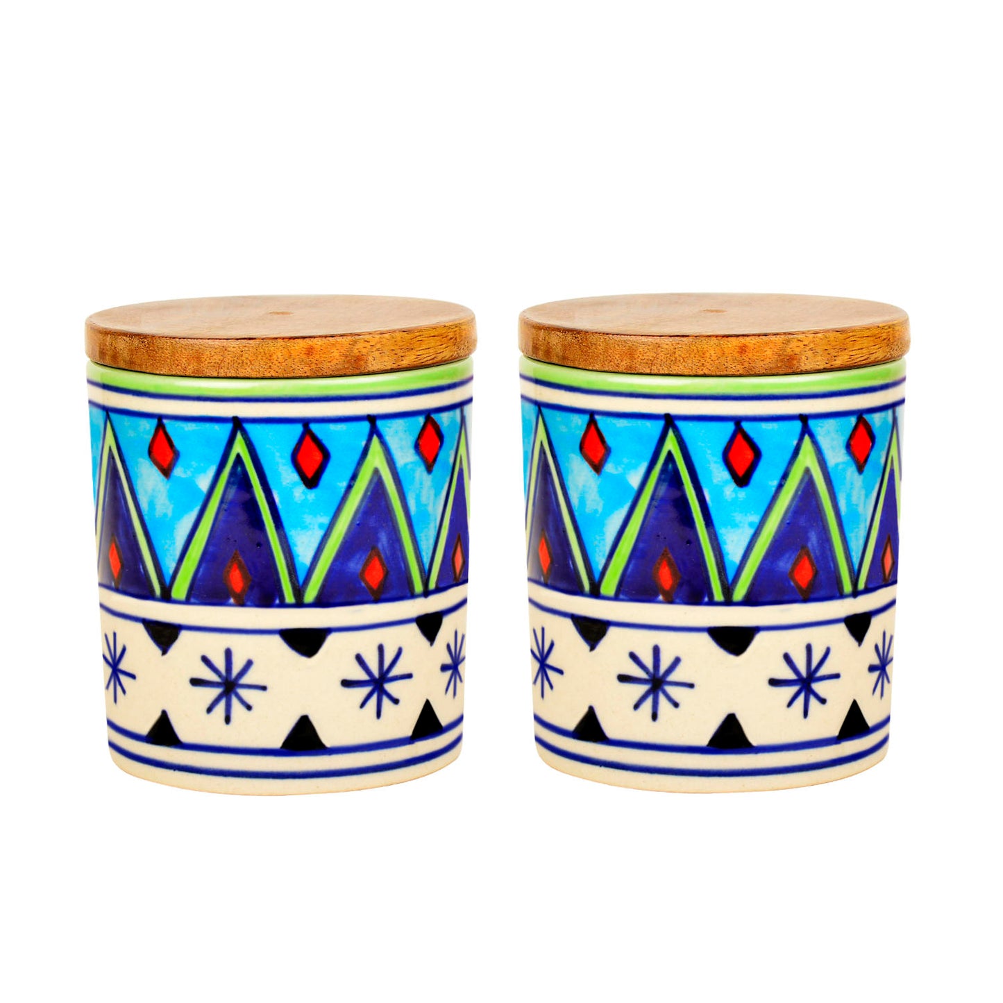 Handpainted Multi Utility Storage Ceramic Airtight Jar with Sheesham Wooden Lid (Set of 2, 300 ml each, Multicolor) - View 4