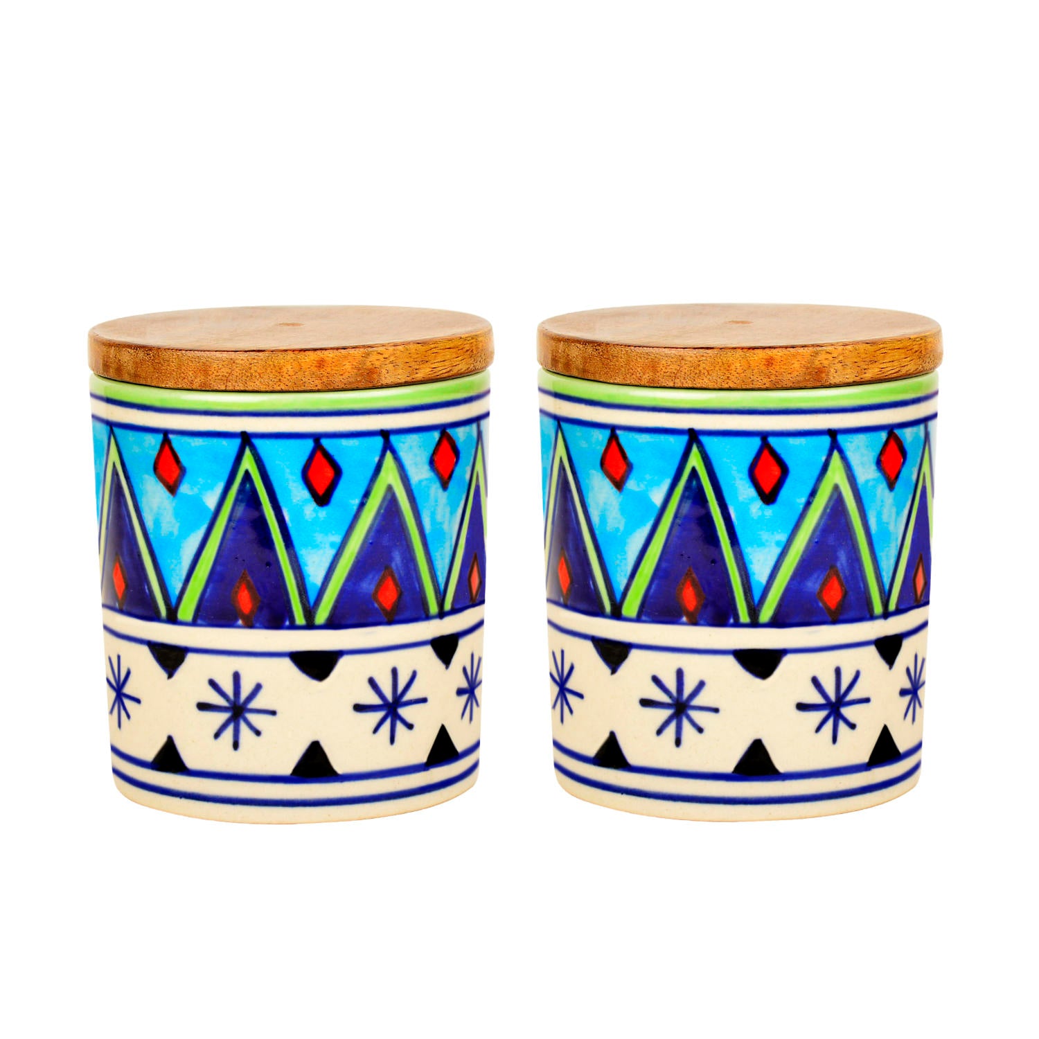 Handpainted Multi Utility Storage Ceramic Airtight Jar with Sheesham Wooden Lid (Set of 2, 300 ml each, Multicolor) - View 4