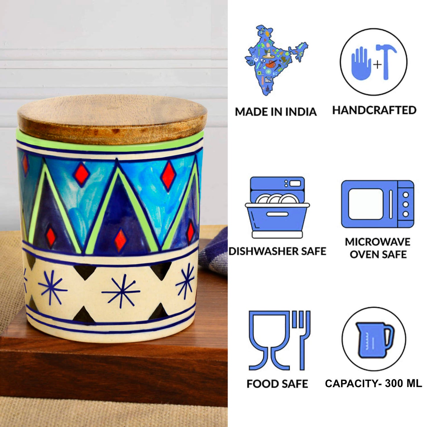 Handpainted Multi Utility Storage Ceramic Airtight Jar with Sheesham Wooden Lid (Set of 2, 300 ml each, Multicolor) - View 5