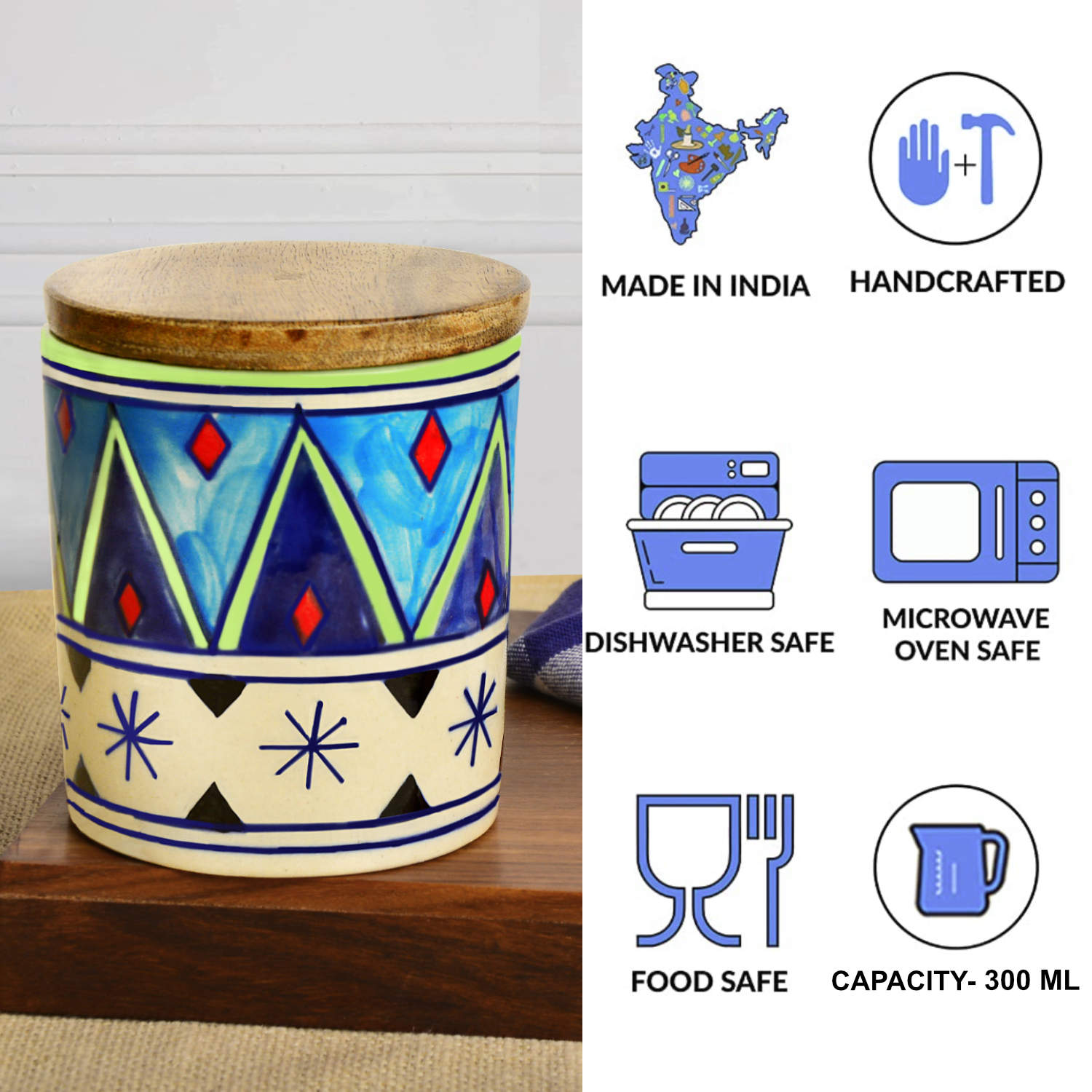 Handpainted Multi Utility Storage Ceramic Airtight Jar with Sheesham Wooden Lid (Set of 2, 300 ml each, Multicolor) - View 5