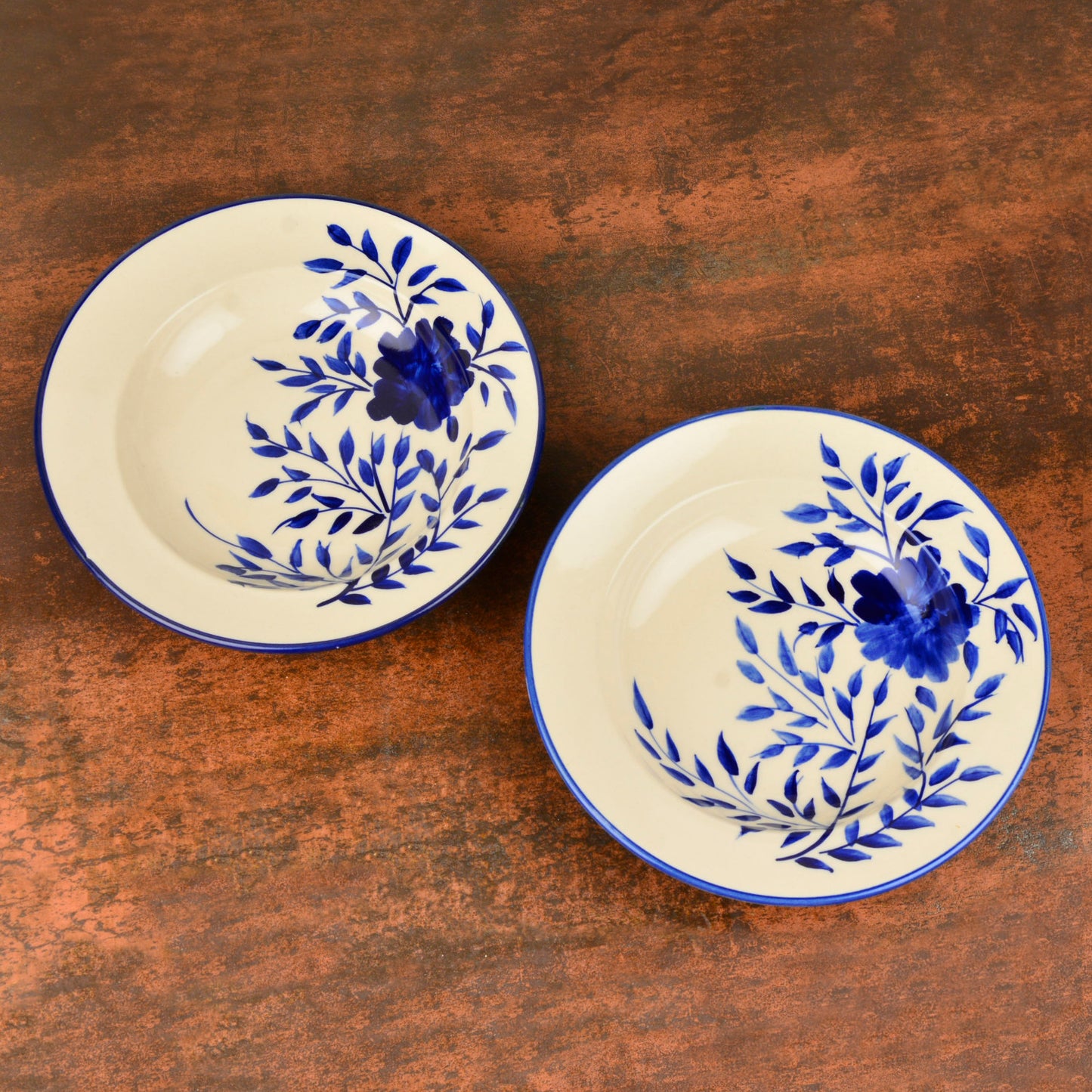 Handpainted Premium Ceramic Floral Deep Pasta Plates (Set of 2, Diameter – 9.5 inches, Blue & Off White) - View 3