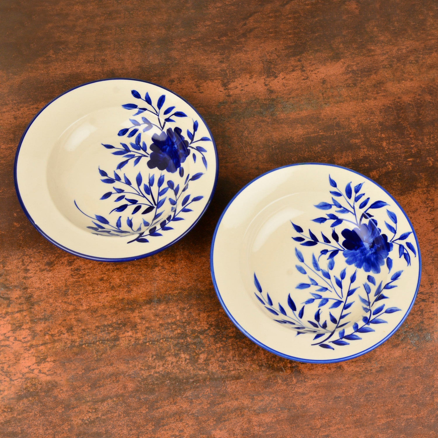 Handpainted Premium Ceramic Floral Deep Pasta Plates (Set of 2, Diameter – 9.5 inches, Blue & Off White) - View 3