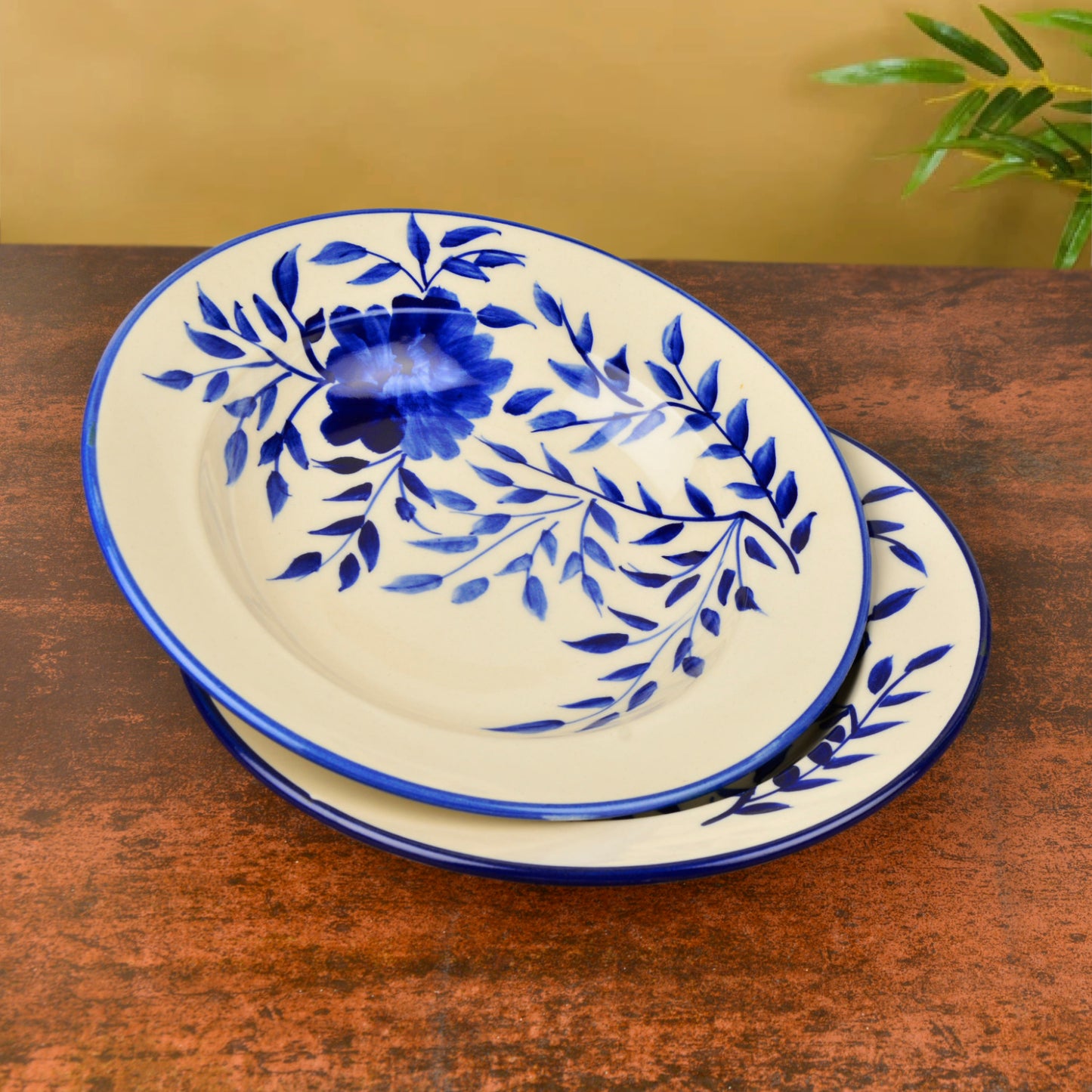 Handpainted Premium Ceramic Floral Deep Pasta Plates (Set of 2, Diameter – 9.5 inches, Blue & Off White) - View 5