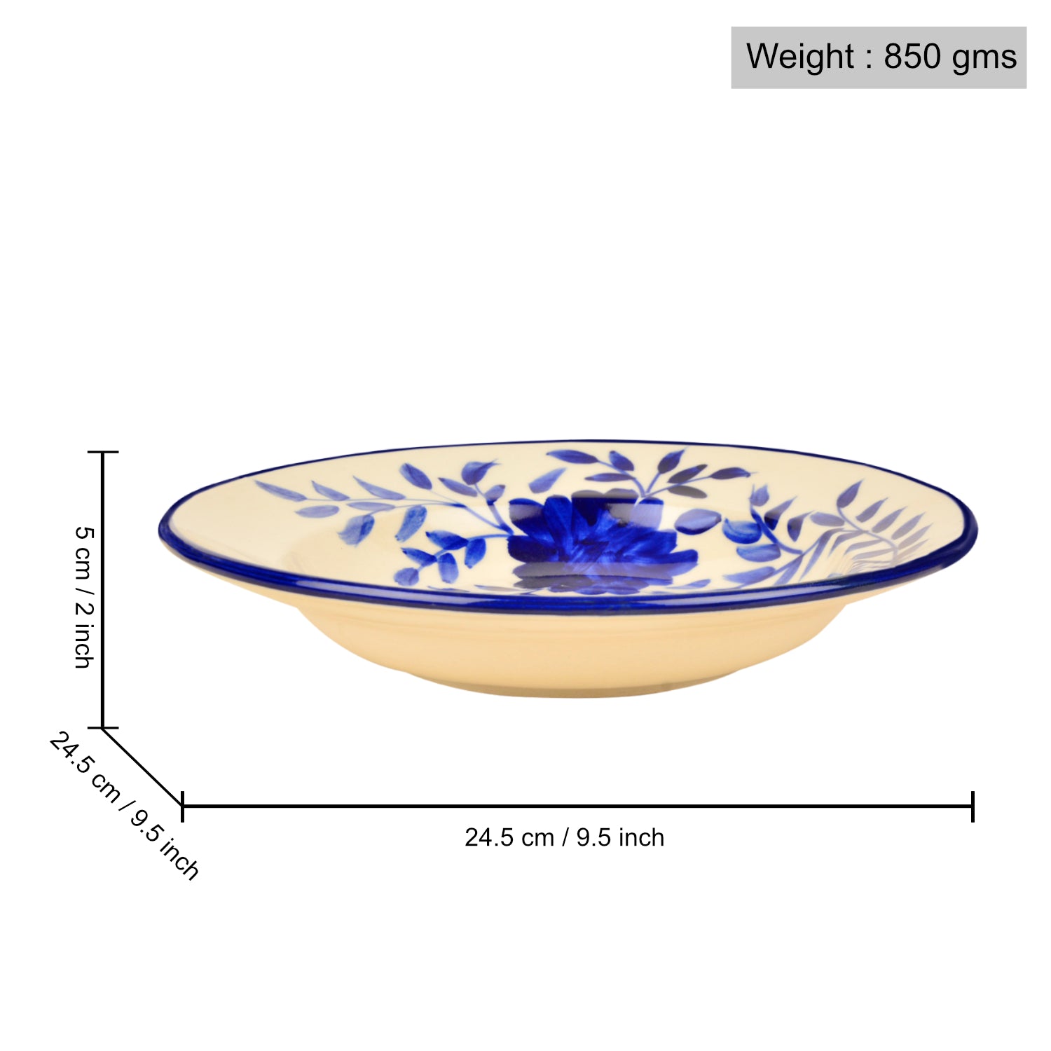 Handpainted Premium Ceramic Floral Deep Pasta Plates (Set of 2, Diameter – 9.5 inches, Blue & Off White) - View 2