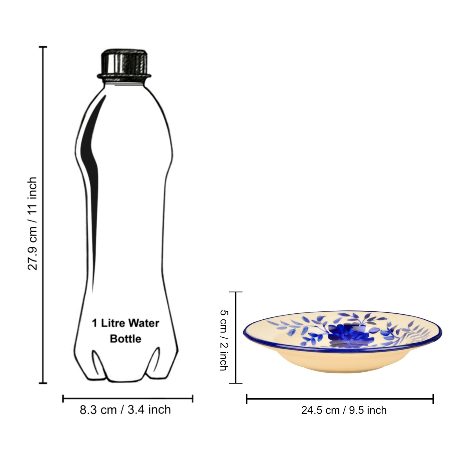 Handpainted Premium Ceramic Floral Deep Pasta Plates (Set of 2, Diameter – 9.5 inches, Blue & Off White) - View 6