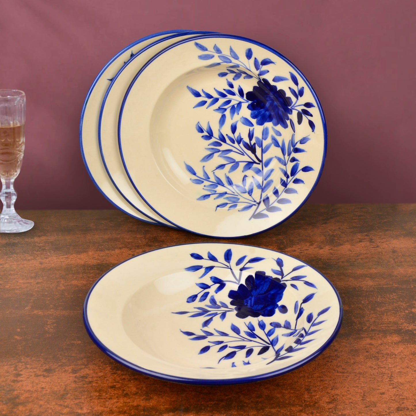 Handpainted Premium Ceramic Floral Deep Pasta Plates (Set of 4, Diameter – 9.5 inches, Blue & Off White) - View 3