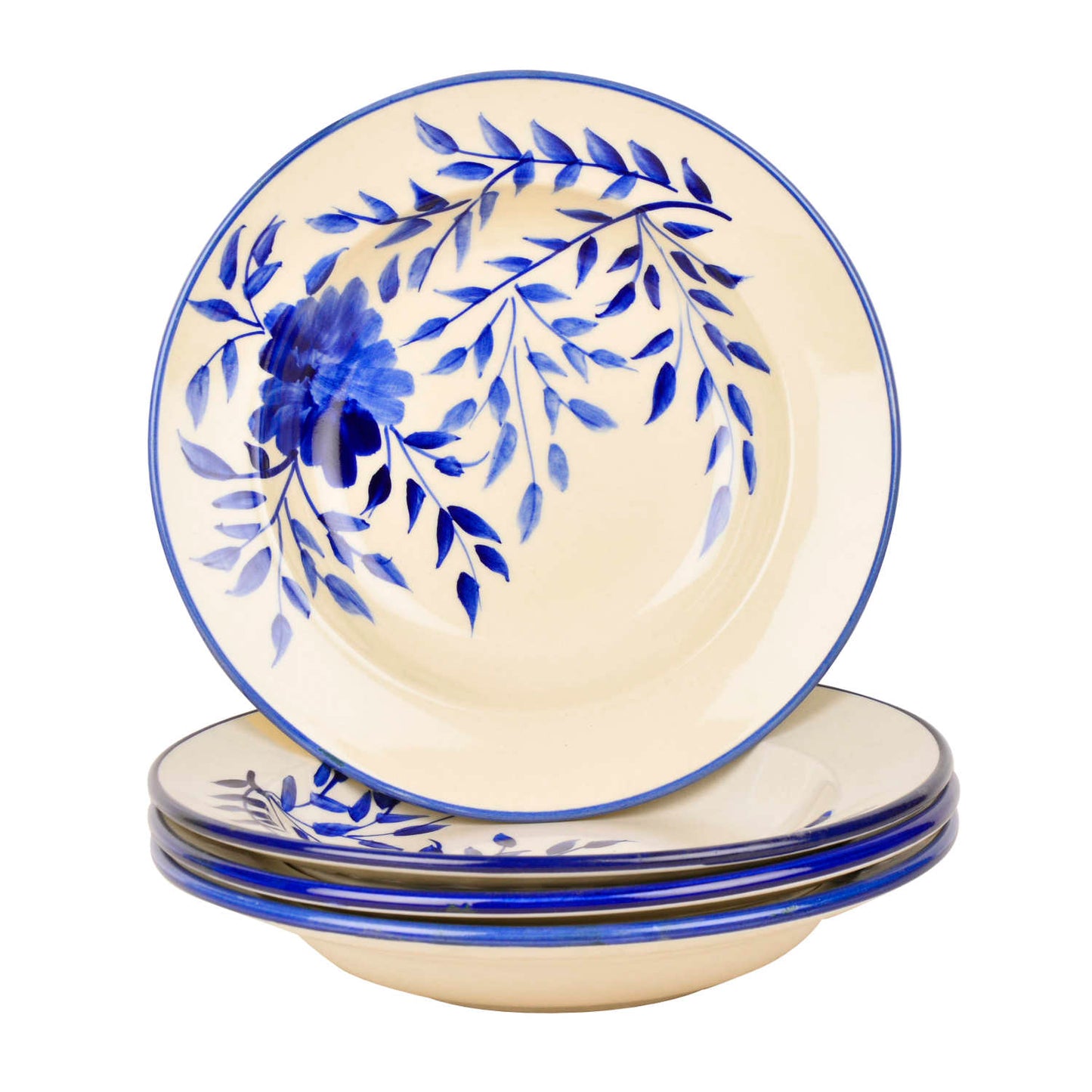 Handpainted Premium Ceramic Floral Deep Pasta Plates (Set of 4, Diameter – 9.5 inches, Blue & Off White) - View 4