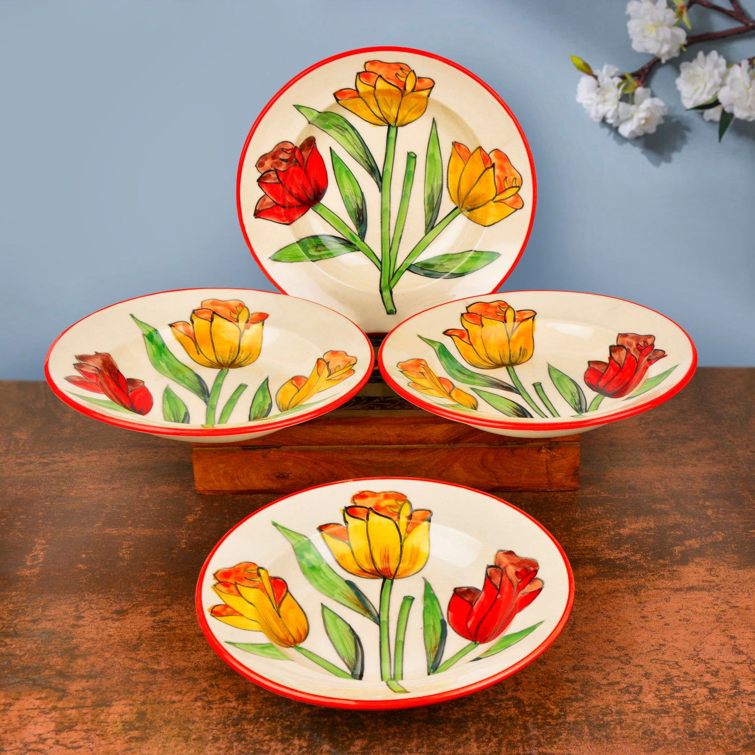 Handpainted Premium Ceramic Floral Deep Pasta Plates (Set of 4, Diameter – 9.5 icnhes , Multicolor & Off White)
