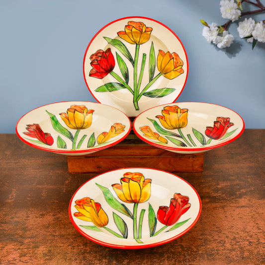 Handpainted Premium Ceramic Floral Deep Pasta Plates (Set of 4, Diameter – 9.5 icnhes , Multicolor & Off White)