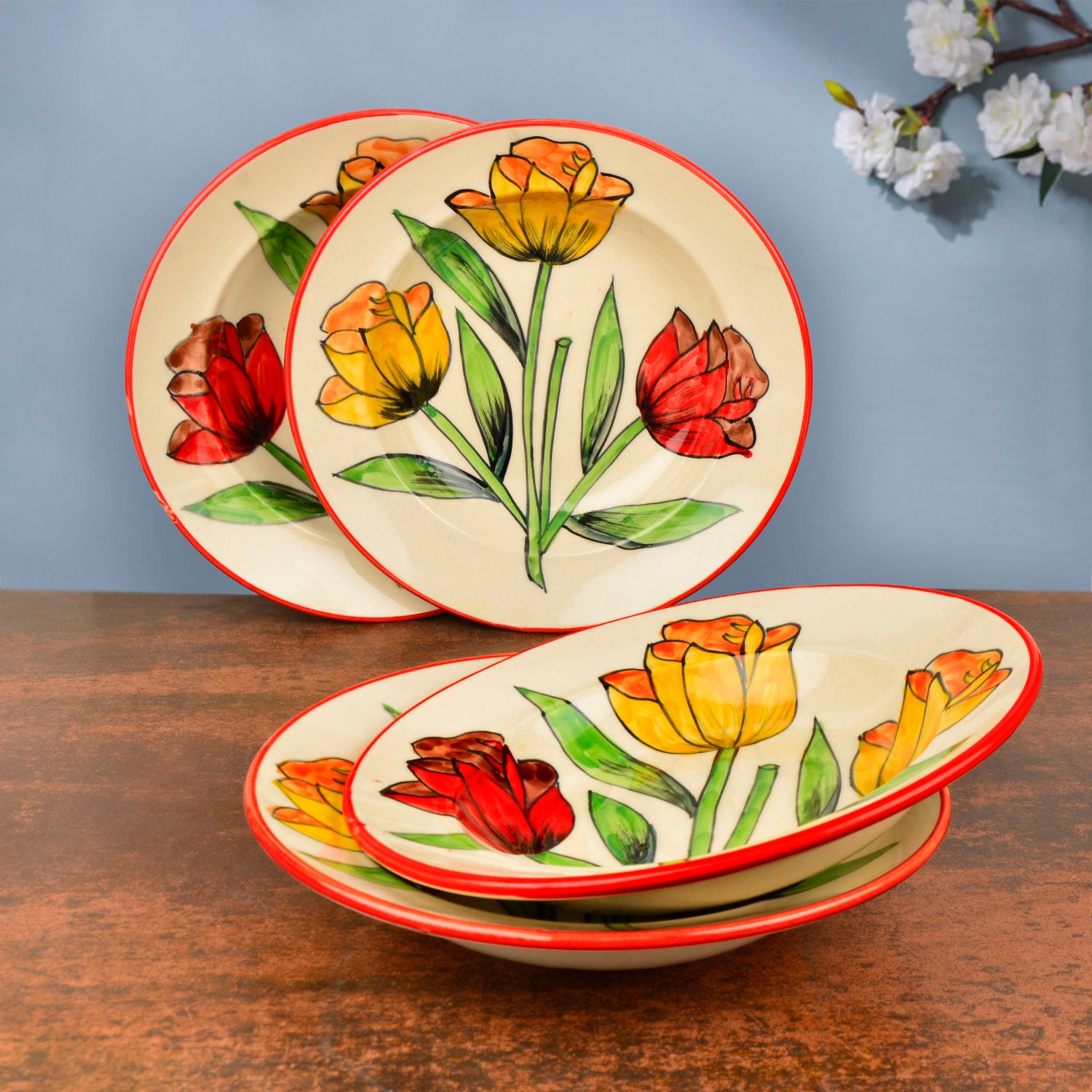 Handpainted Premium Ceramic Floral Deep Pasta Plates (Set of 4, Diameter – 9.5 icnhes , Multicolor & Off White) - View 3