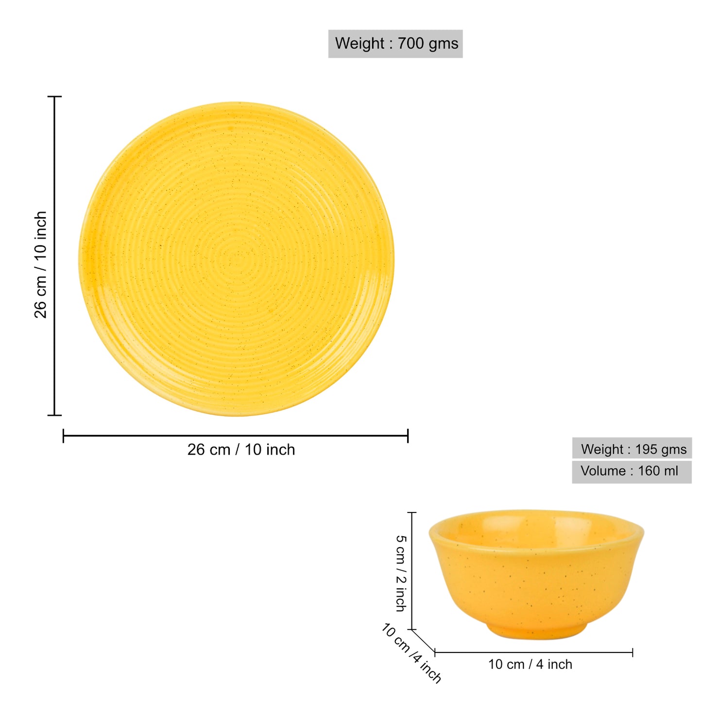 "Golden Glow Collection" Premium Ribbed Ceramic Dinner Serving Plate with 2 Dinner Bowls (Set of 3, Yellow , Plate Diameter – 10 inches) - View 3