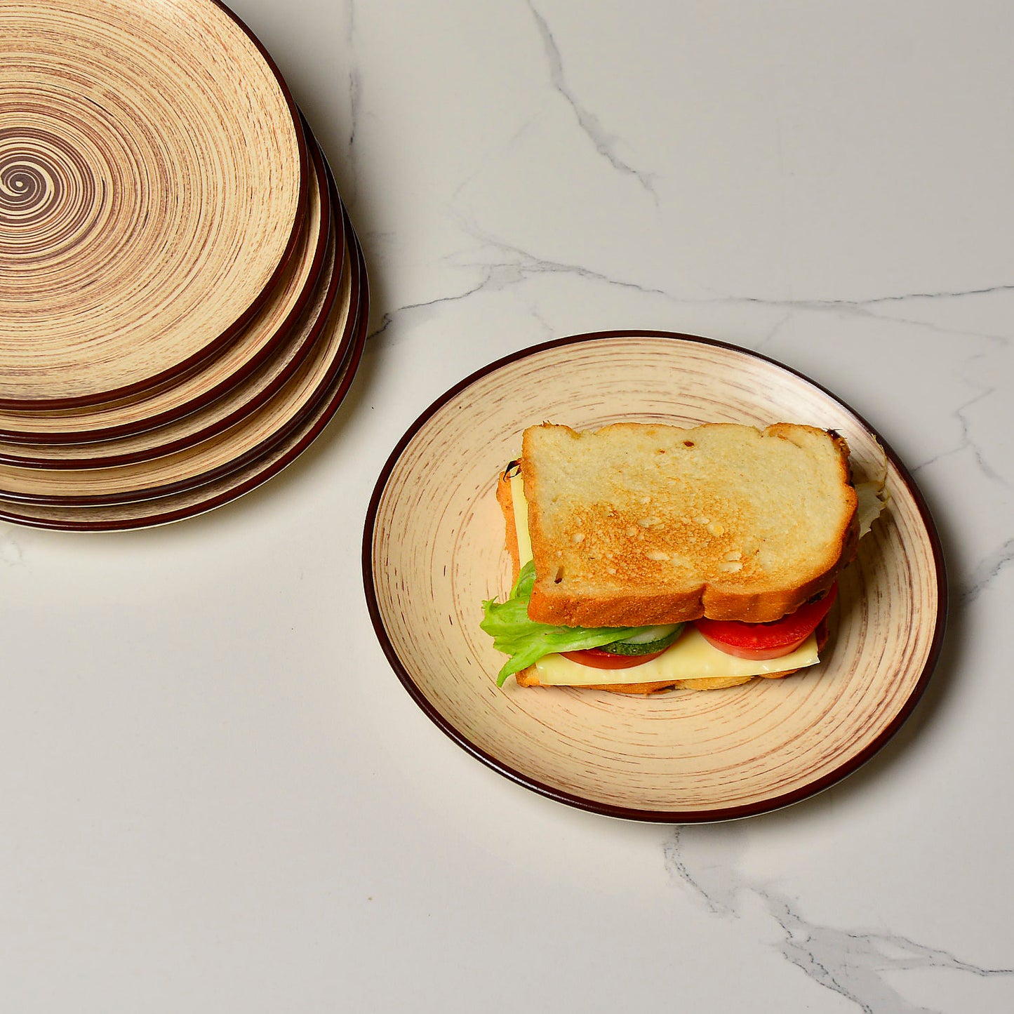 Hand Glazed Earthy Swirl Ceramic Quarter Plates (7 inches, Set of 6, Brown) - View 3