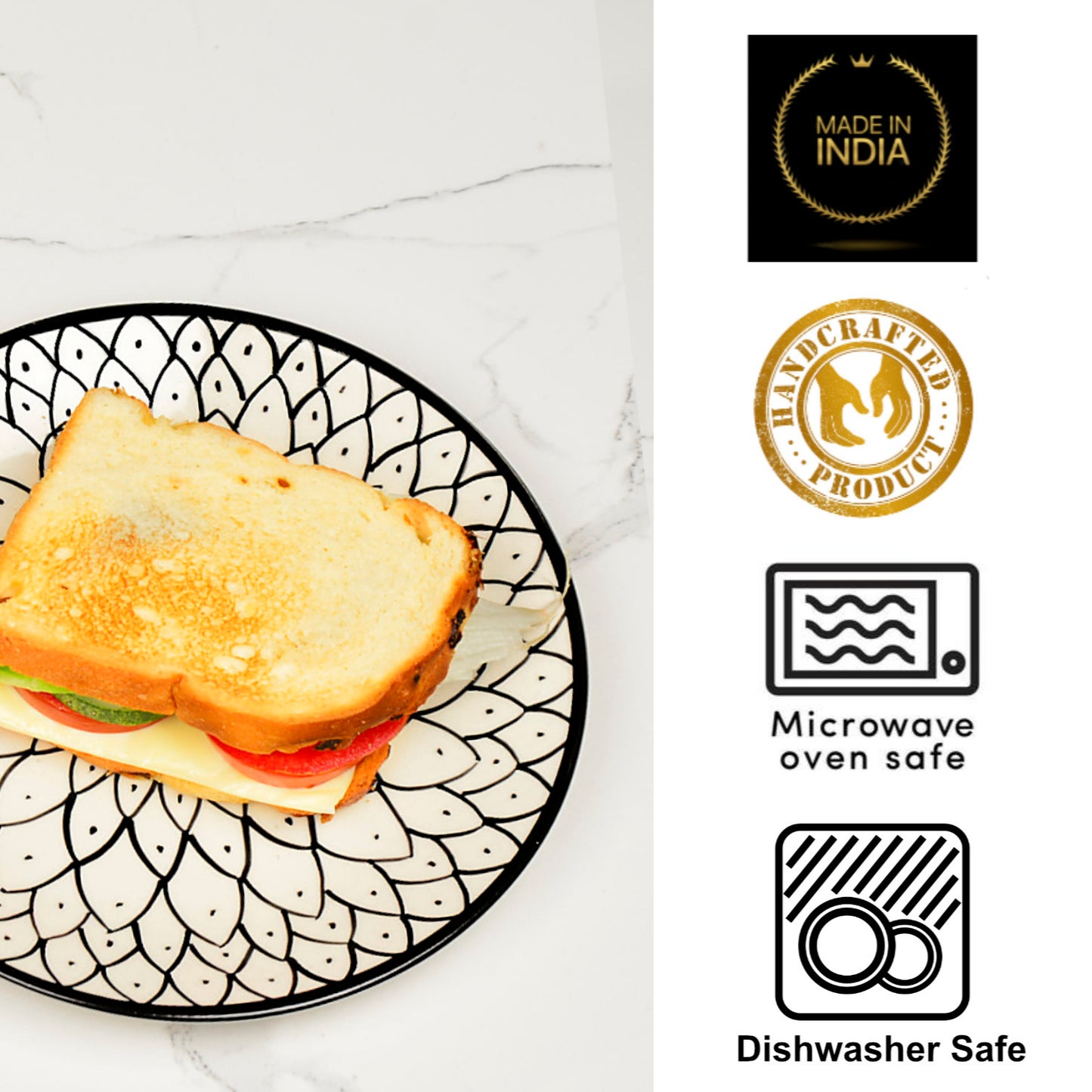 Hand Painted Black and White Spiral Ceramic Quarter Plates (7 inches, Set of 6) - View 3