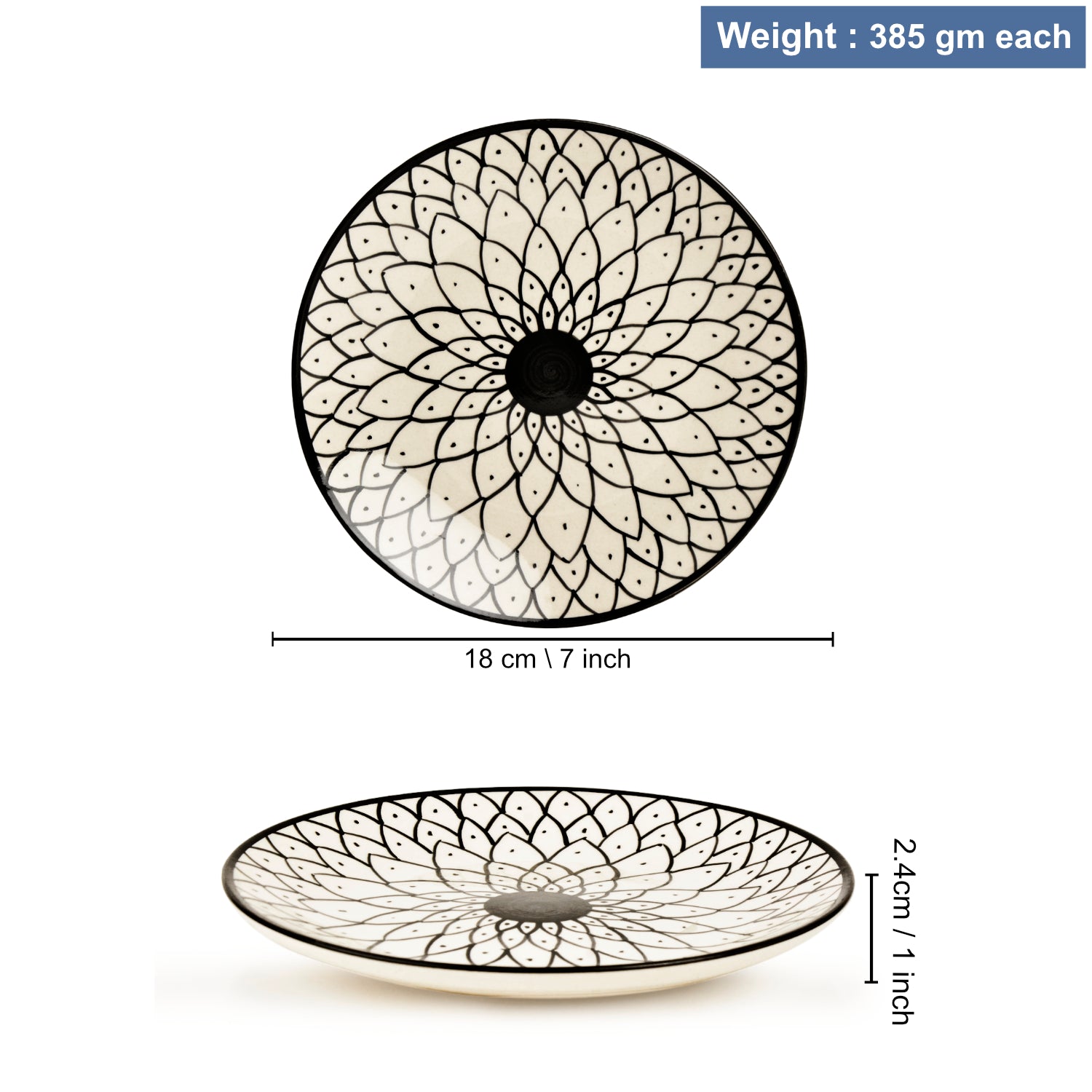 Hand Painted Black and White Spiral Ceramic Quarter Plates (7 inches, Set of 6) - View 4