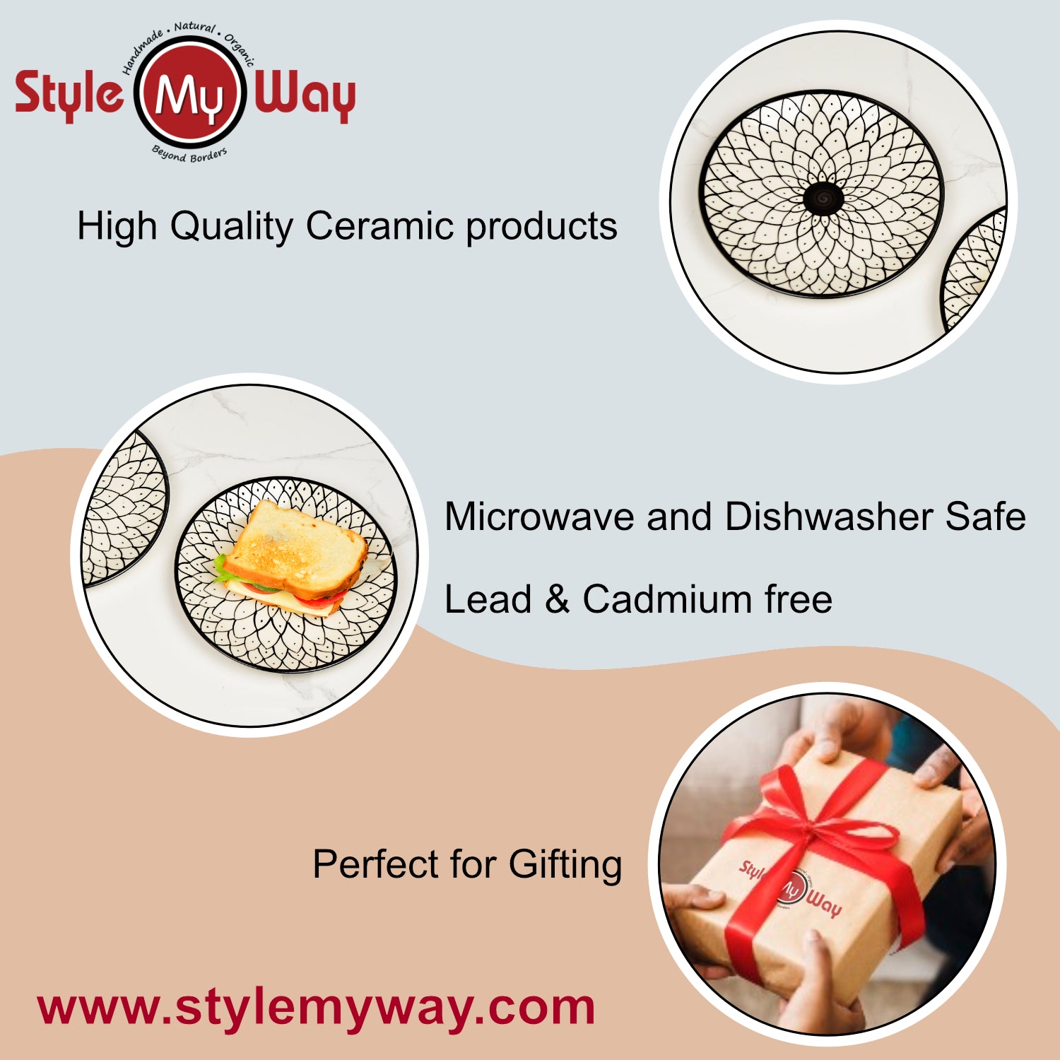 Hand Painted Black and White Spiral Ceramic Quarter Plates (7 inches, Set of 6) - View 5