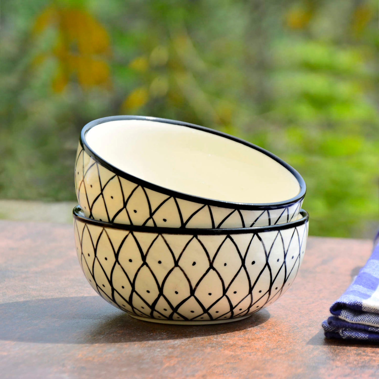 Hand Painted Black & White Spiral Ceramic Serving Bowls (5 inches, 325 ml each, Set of 2) - View 4