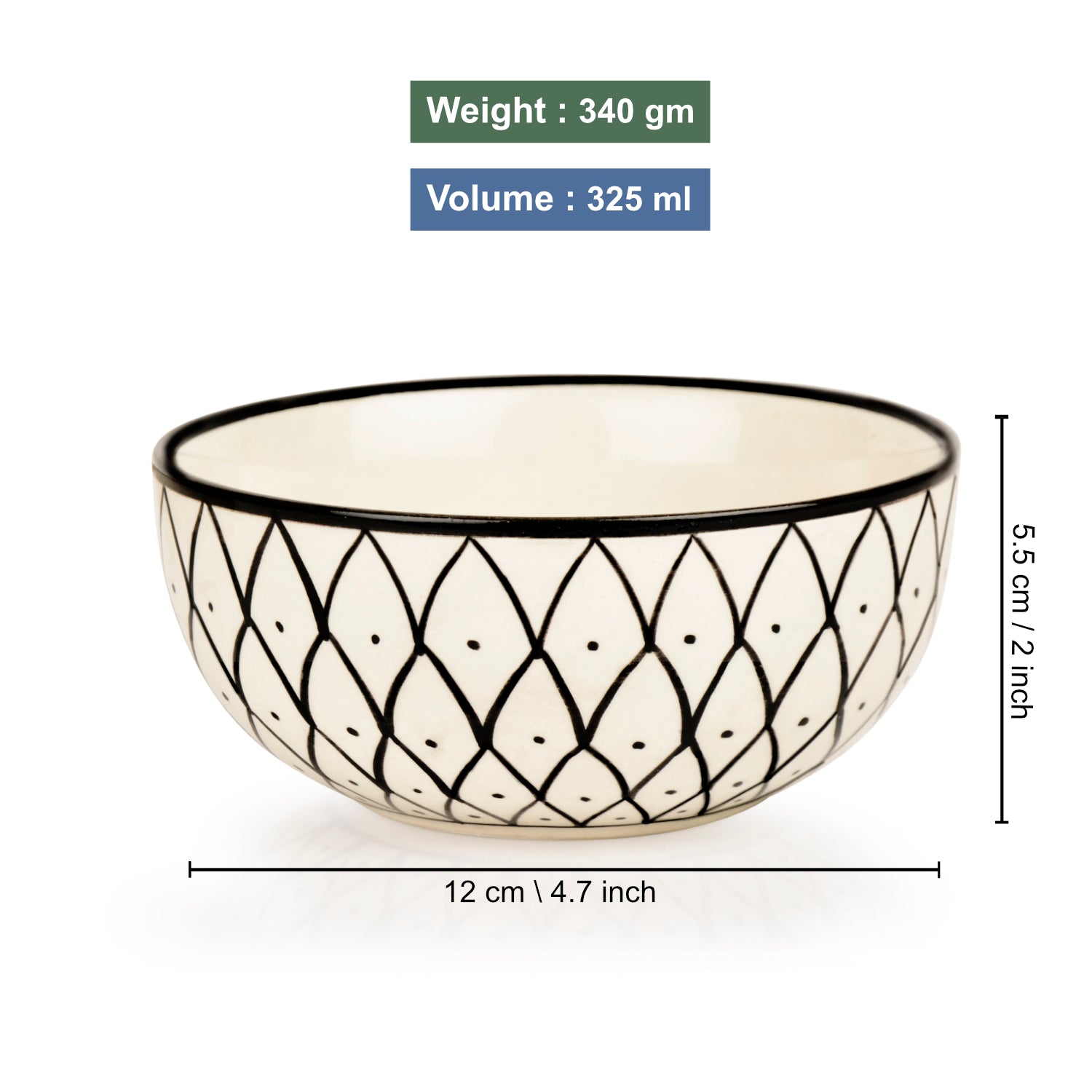 Hand Painted Black & White Spiral Ceramic Serving Bowls (5 inches, 325 ml each, Set of 2) - View 2