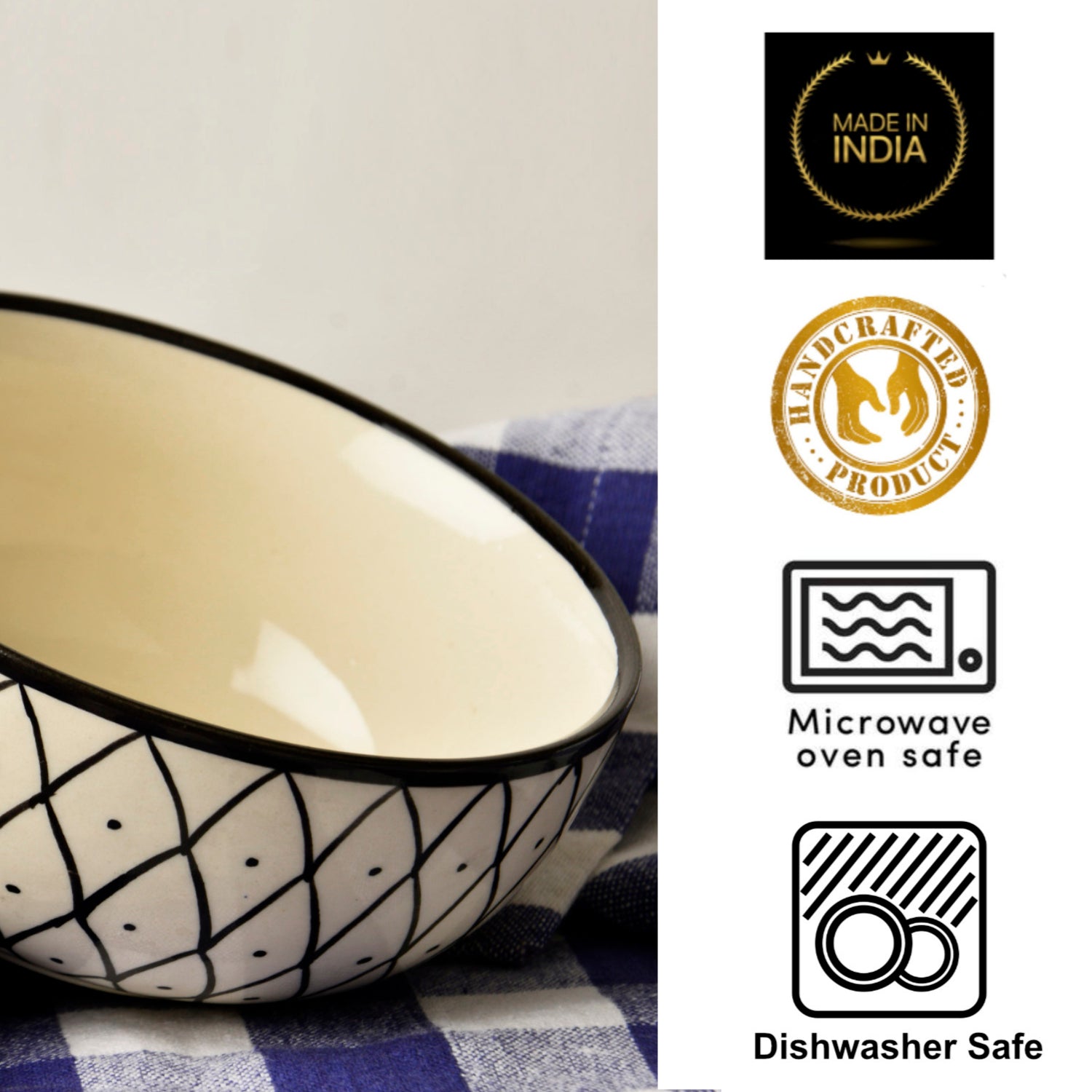 Hand Painted Black & White Spiral Ceramic Serving Bowls (5 inches, 325 ml each, Set of 2) - View 5