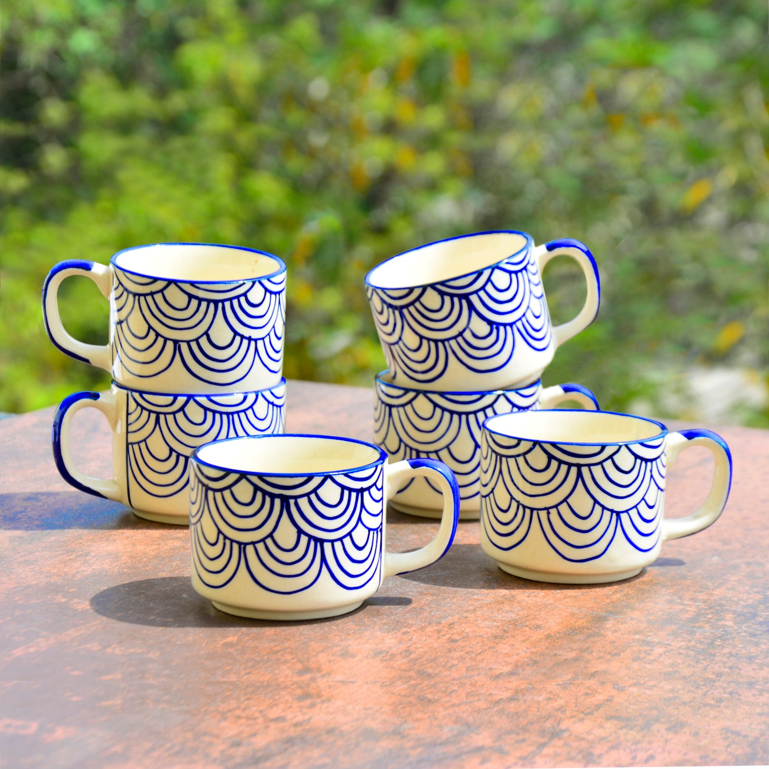Hand Painted Blue Spiral Ceramic Cups (Set of 6, Blue, 150 ml)