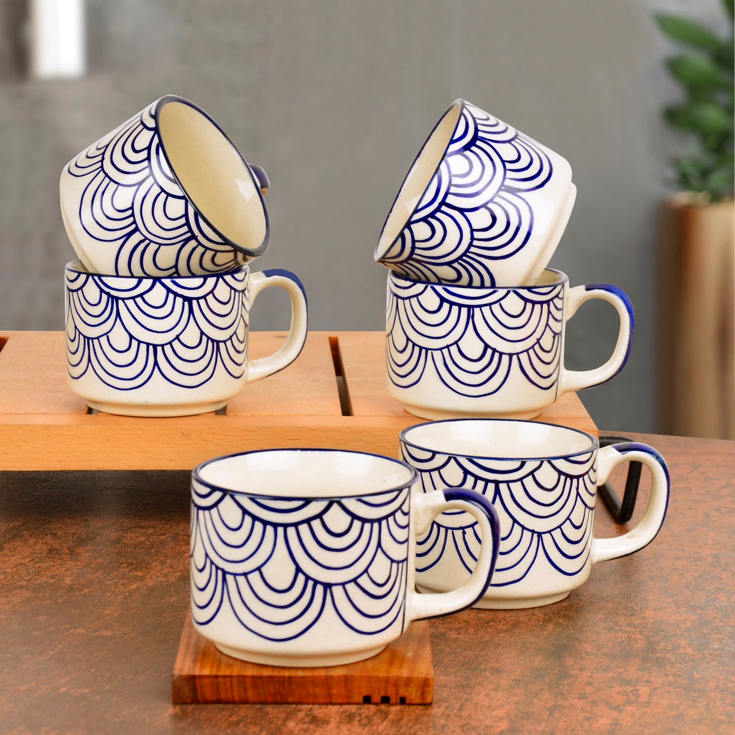 Hand Painted Blue Spiral Ceramic Cups (Set of 6, Blue, 150 ml) - View 3