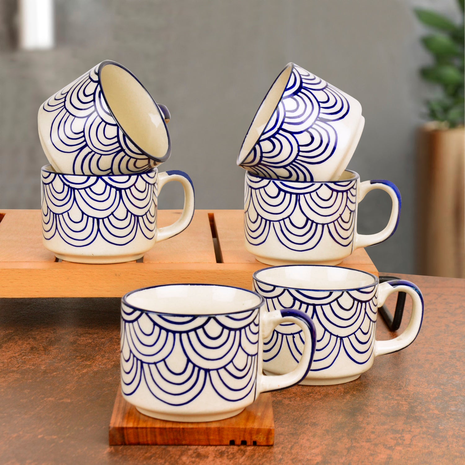 Hand Painted Blue Spiral Ceramic Cups (Set of 6, Blue, 150 ml) - View 3