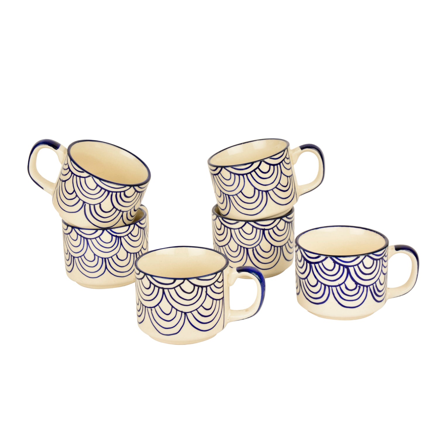 Hand Painted Blue Spiral Ceramic Cups (Set of 6, Blue, 150 ml) - View 4