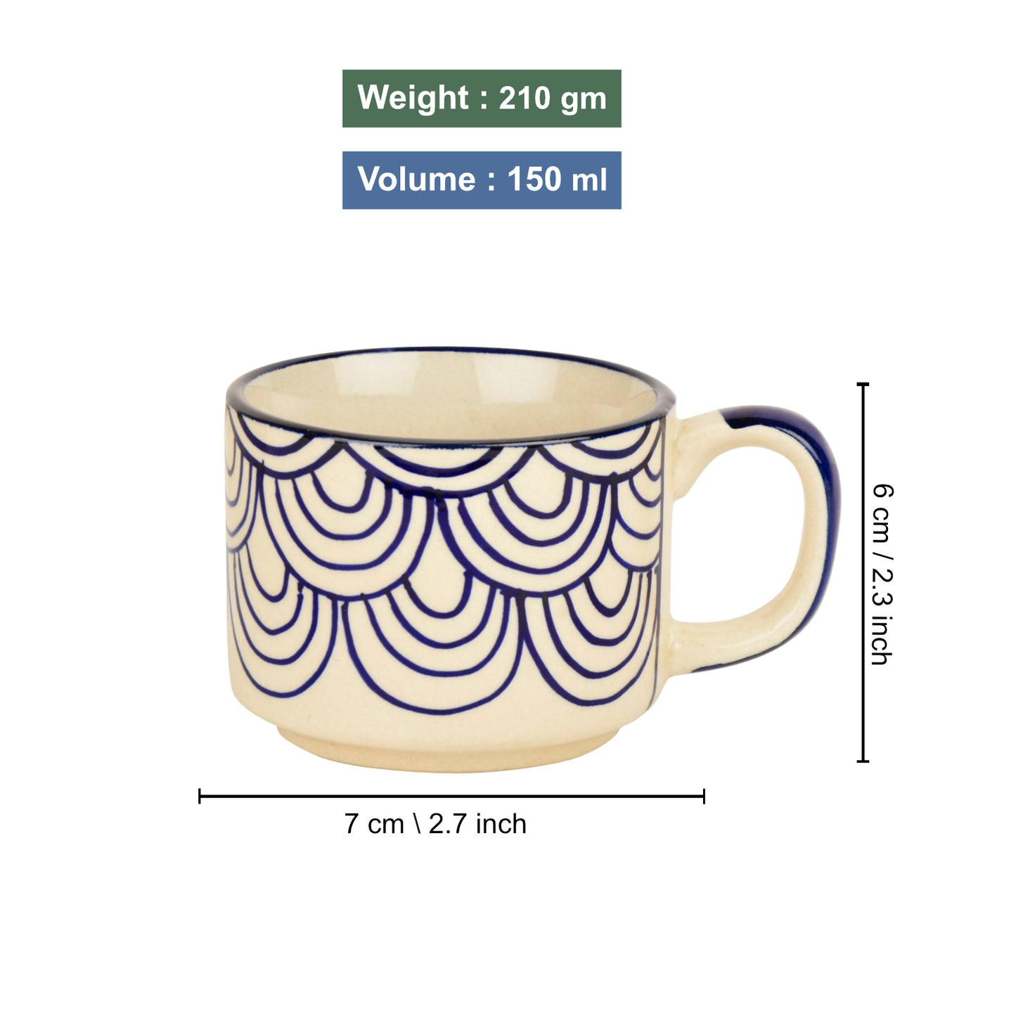 Hand Painted Blue Spiral Ceramic Cups (Set of 6, Blue, 150 ml) - View 5