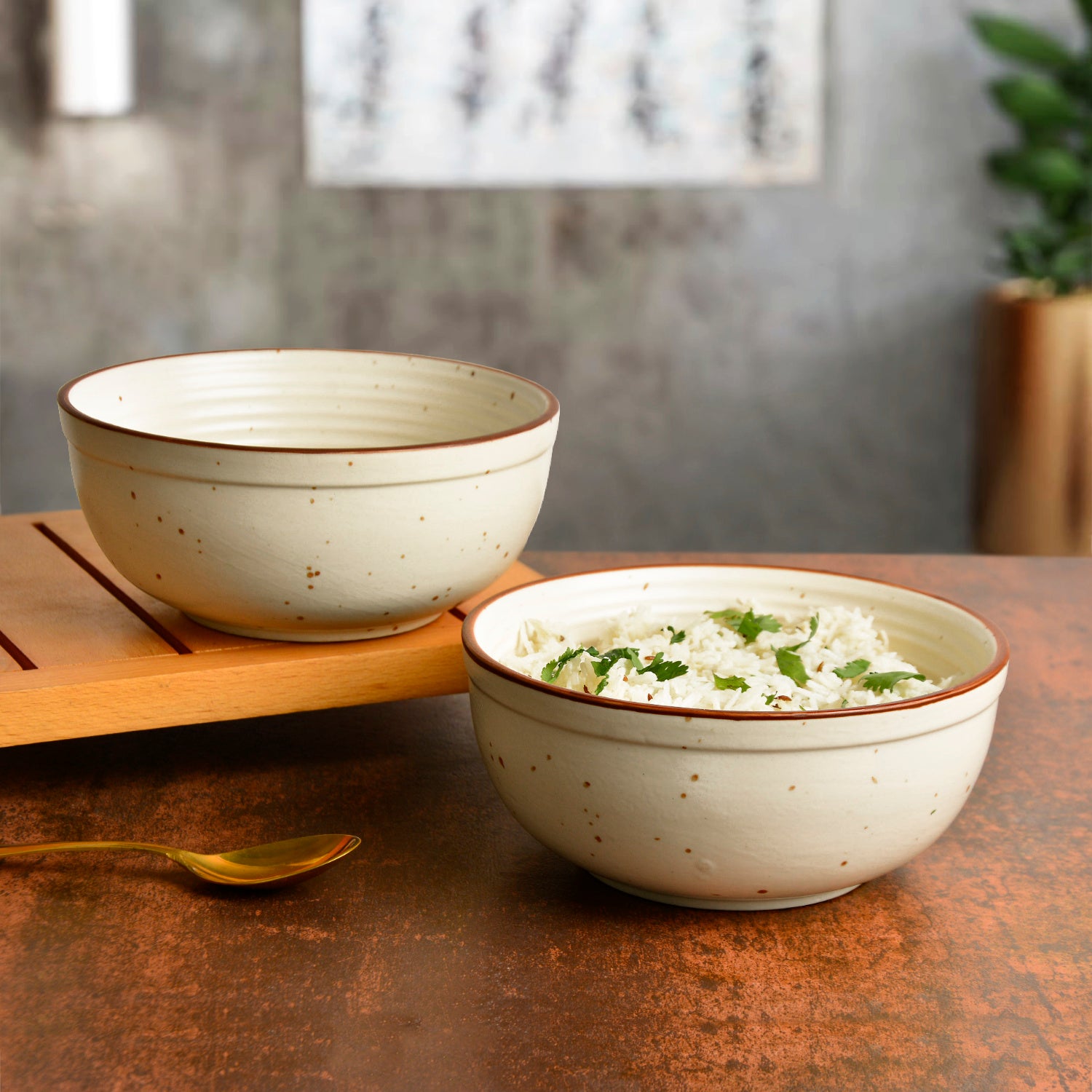 Studio Pottery Off White Matt Finish Ceramic Dinner Serving Bowls (Diameter - 6.6 inches, 850 ml each, Set of 2) - View 3