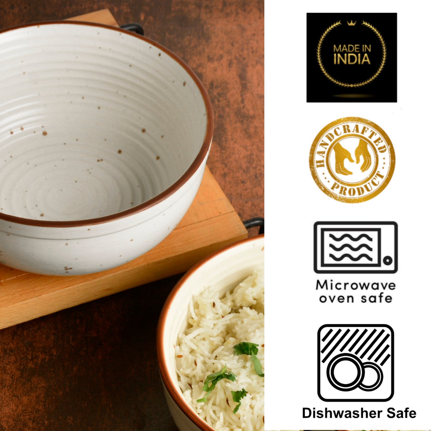 Studio Pottery Off White Matt Finish Ceramic Dinner Serving Bowls (Diameter - 6.6 inches, 850 ml each, Set of 2) - View 4