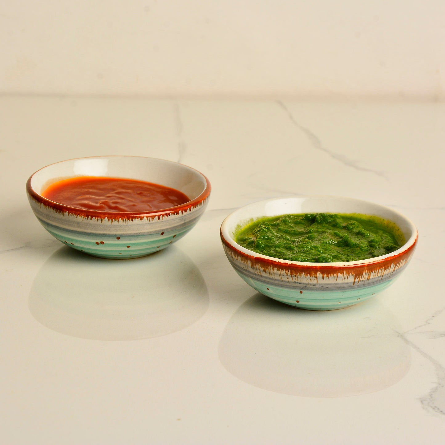 Studio Pottery Ceramic Green Carnival Round Shape Dip Bowls (Set of 2, 50 ml each)