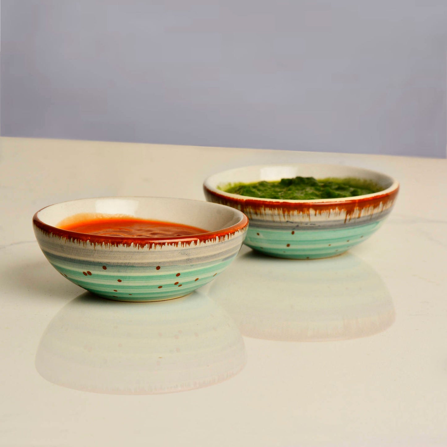 Studio Pottery Ceramic Green Carnival Round Shape Dip Bowls (Set of 2, 50 ml each) - View 4