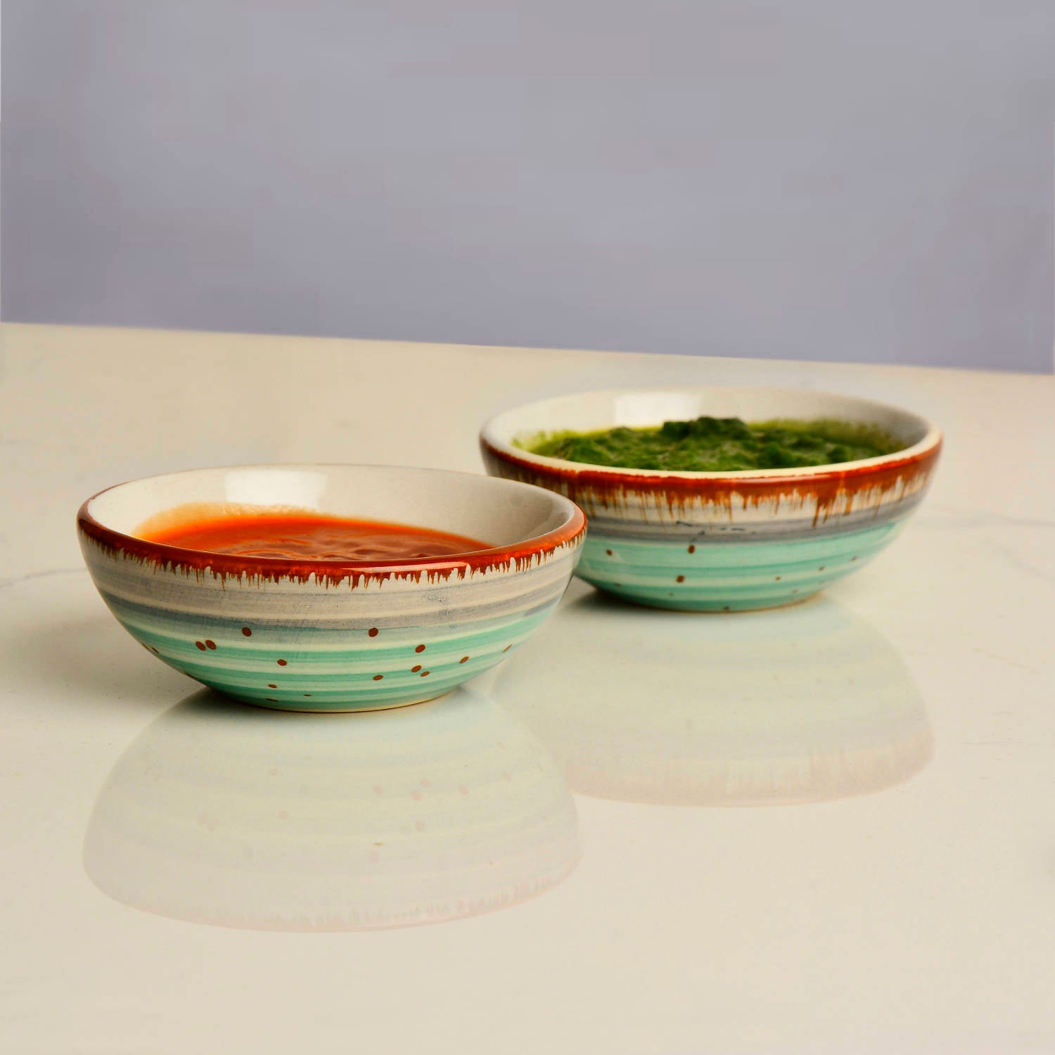 Studio Pottery Ceramic Green Carnival Round Shape Dip Bowls (Set of 2, 50 ml each) - View 4