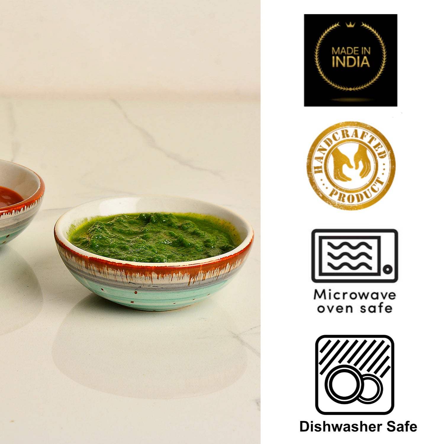 Studio Pottery Ceramic Green Carnival Round Shape Dip Bowls (Set of 2, 50 ml each) - View 6