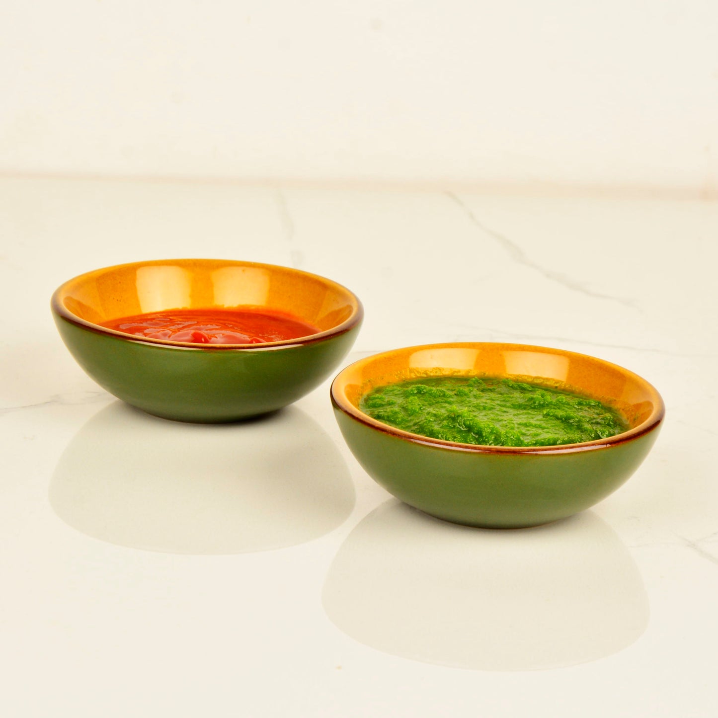 Studio Pottery Ceramic Chrome Green Round Shape Dip Bowls (Set of 2, 50 ml each) - View 3