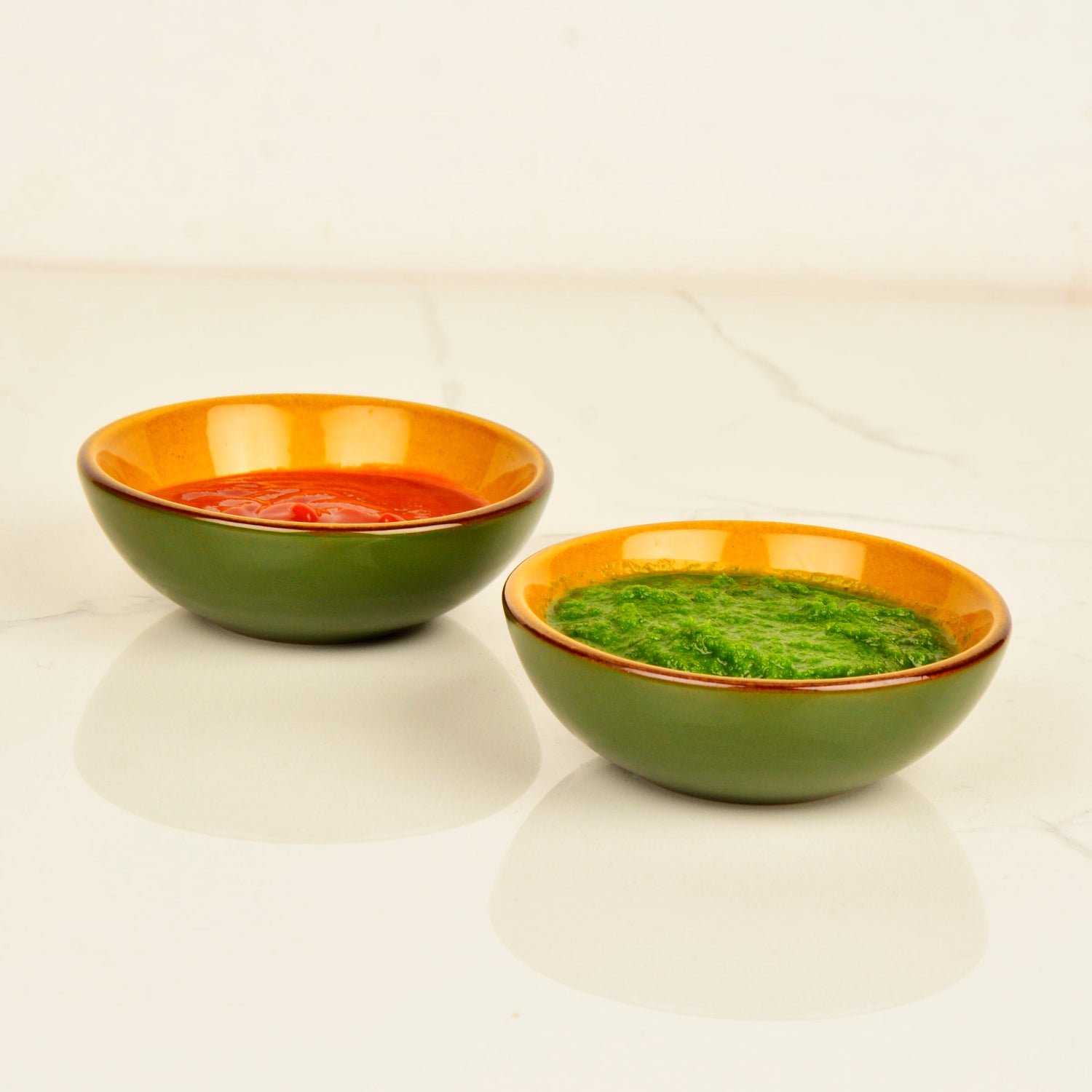 Studio Pottery Ceramic Chrome Green Round Shape Dip Bowls (Set of 2, 50 ml each) - View 3