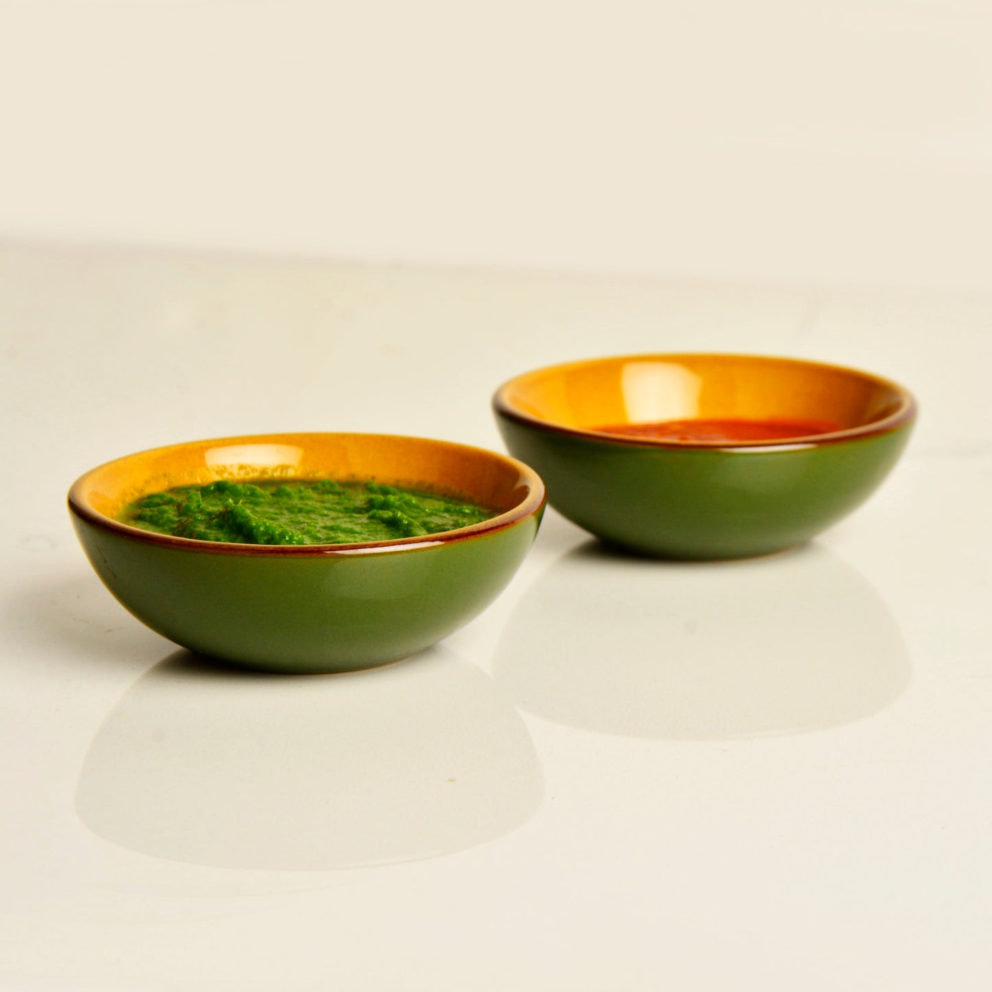 Studio Pottery Ceramic Chrome Green Round Shape Dip Bowls (Set of 2, 50 ml each) - View 4
