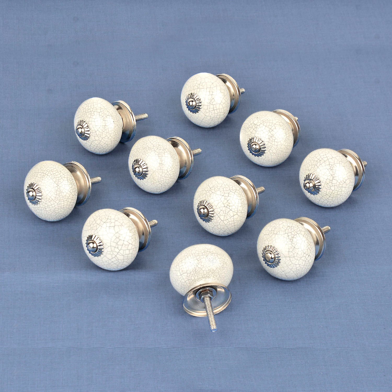 Handmade Ceramic Knobs for Drawers , Kitchen Cabinets, Cupboard (Set of 10 , White Crackle)