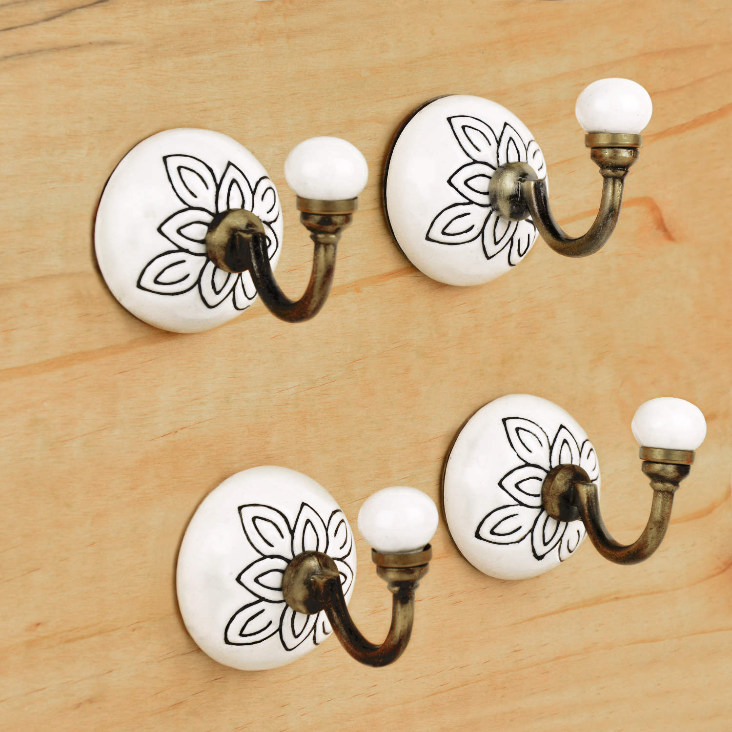 Handmade Etched Floral Design Ceramic Metal Hooks with Antique Finish (Set of 4, Off White)