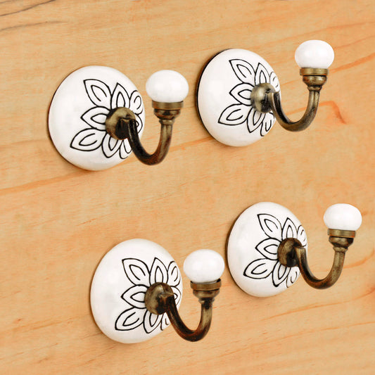 Handmade Etched Floral Design Ceramic Metal Hooks with Antique Finish (Set of 4, Off White)