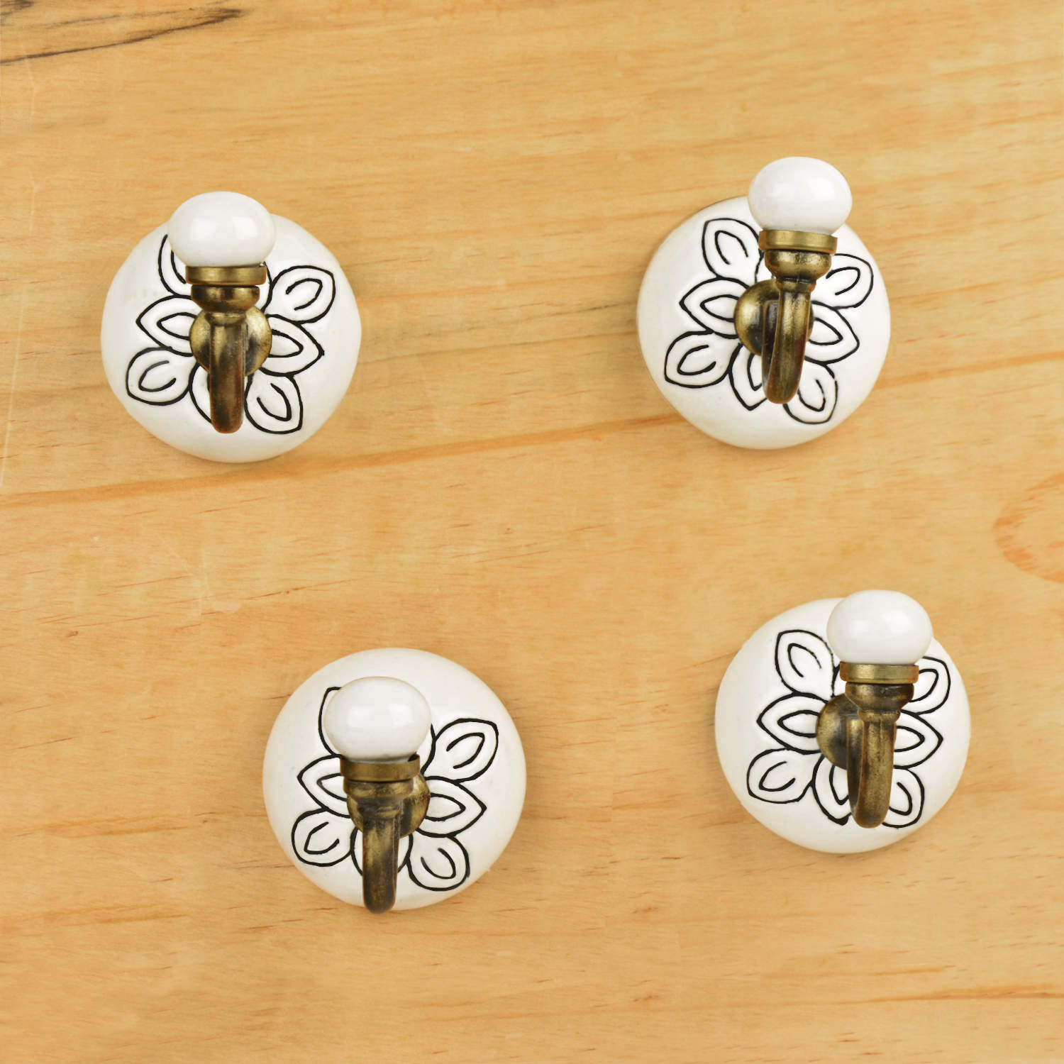 Handmade Etched Floral Design Ceramic Metal Hooks with Antique Finish (Set of 4, Off White) - View 2